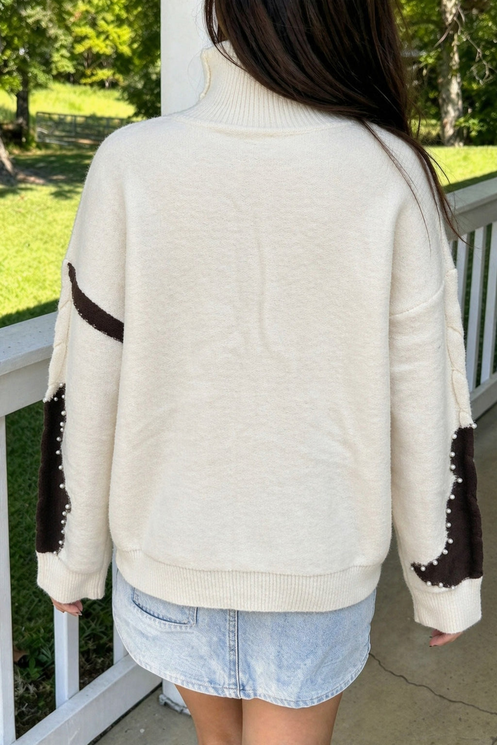 Beige cable-knit sweater with beaded Western spots and casual style from Dear-Lover, featuring a cozy knit design.