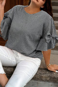 Black Plus Size Plaid Bow Decor Bell Sleeve Round Neck Jumper