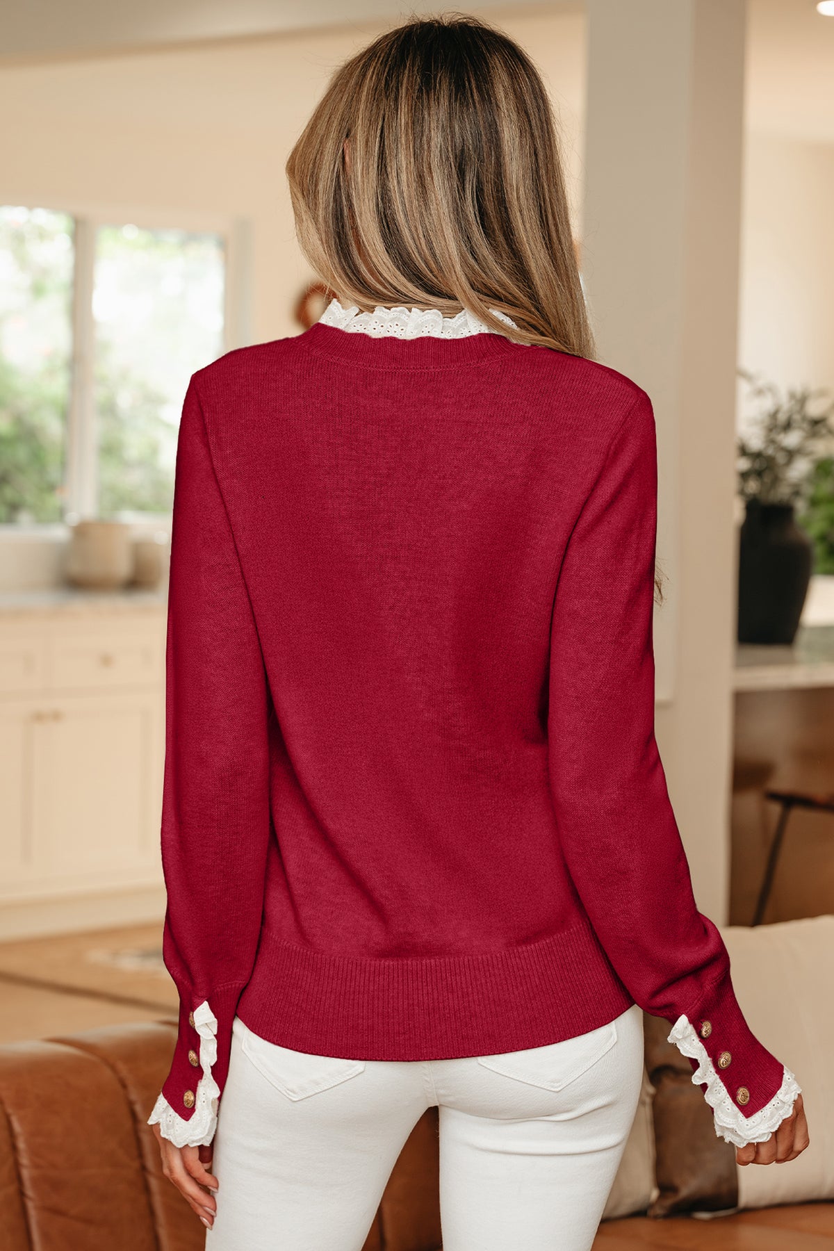 Laced Trim Loose Sweater with Buttoned Cuffs