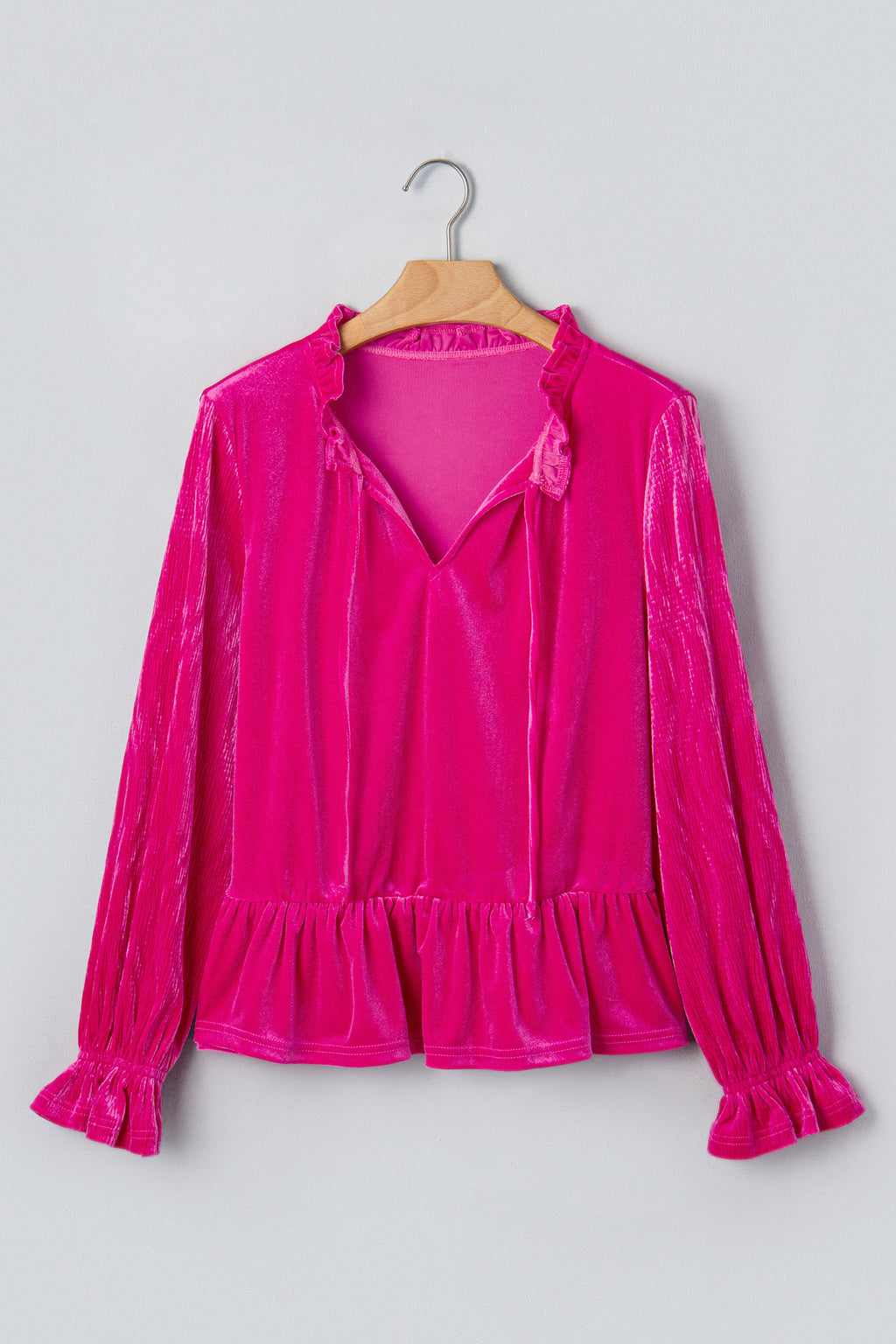 Strawberry Pink V-Neck Velvet Ruffled Cuffs Hem Long-Sleeve Top
