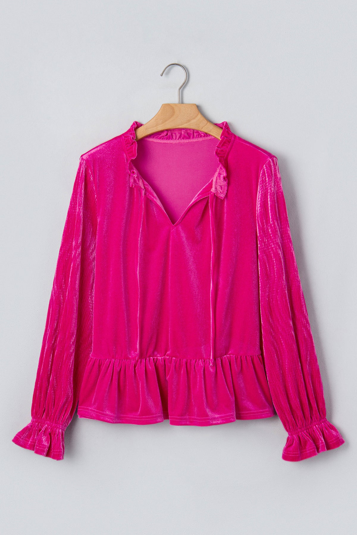 Strawberry Pink V-Neck Velvet Ruffled Cuffs Hem Long-Sleeve Top
