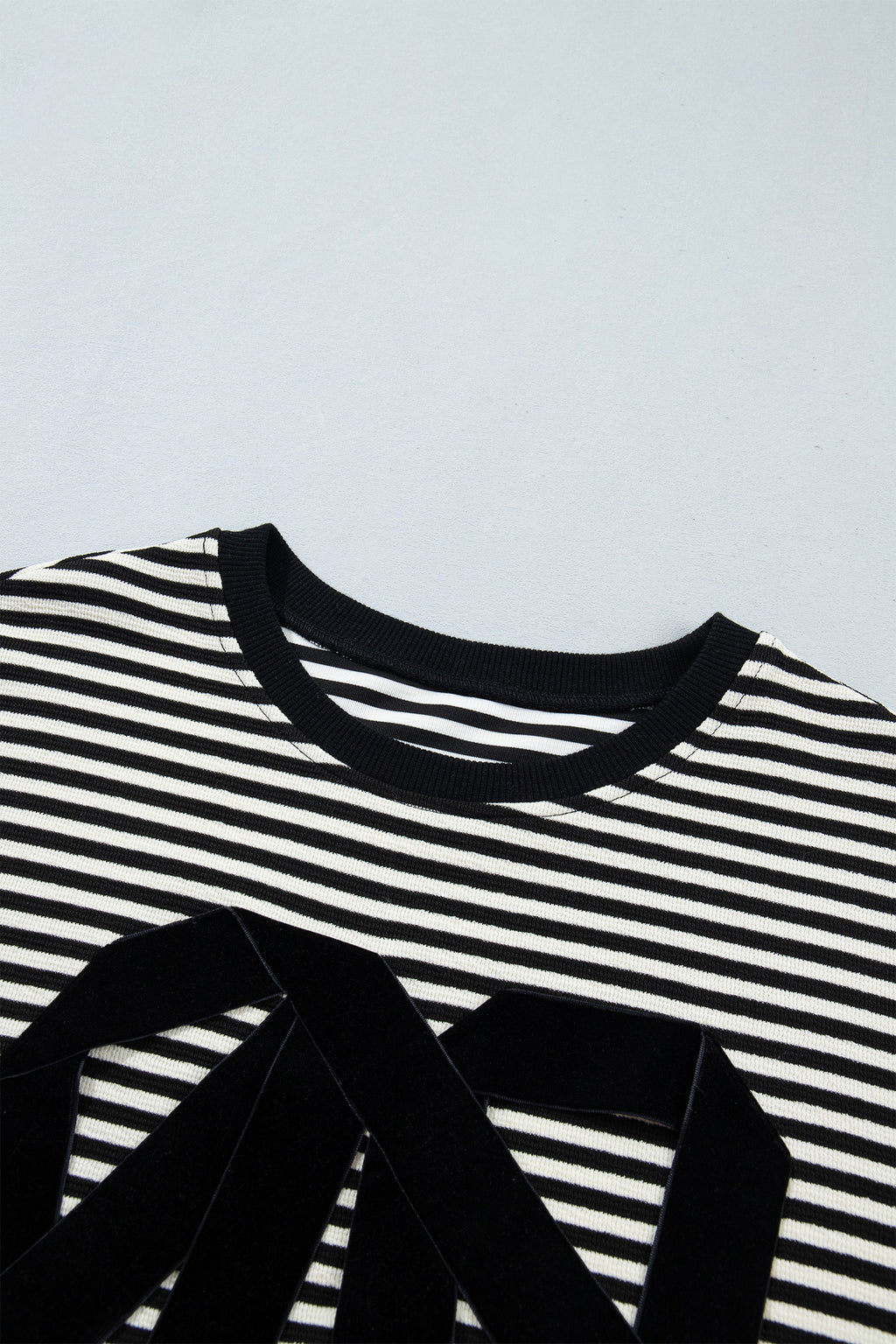 Black Stripe Velvet Bow Drop-Shoulder Relaxed Sweatshirt