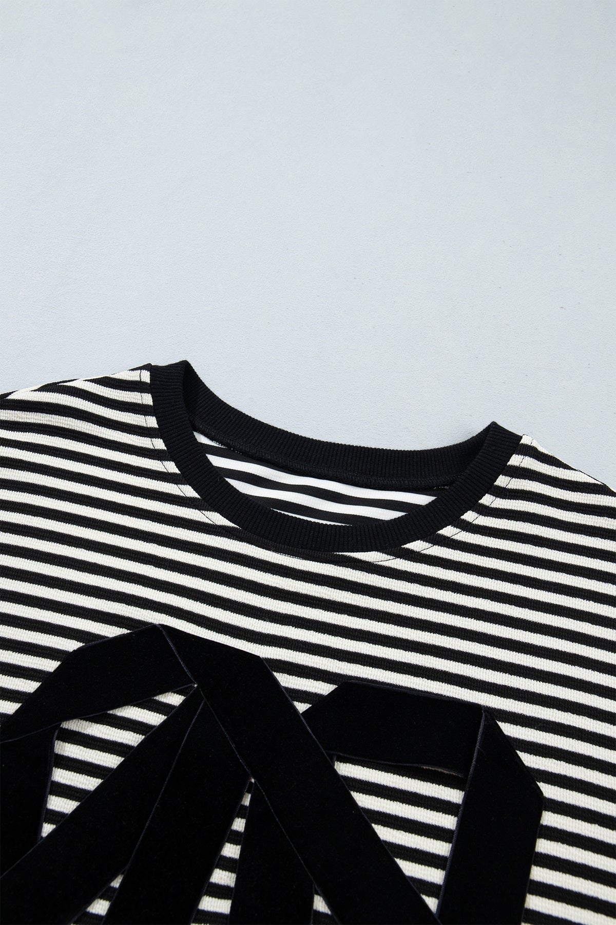 Black Stripe Velvet Bow Drop-Shoulder Relaxed Sweatshirt