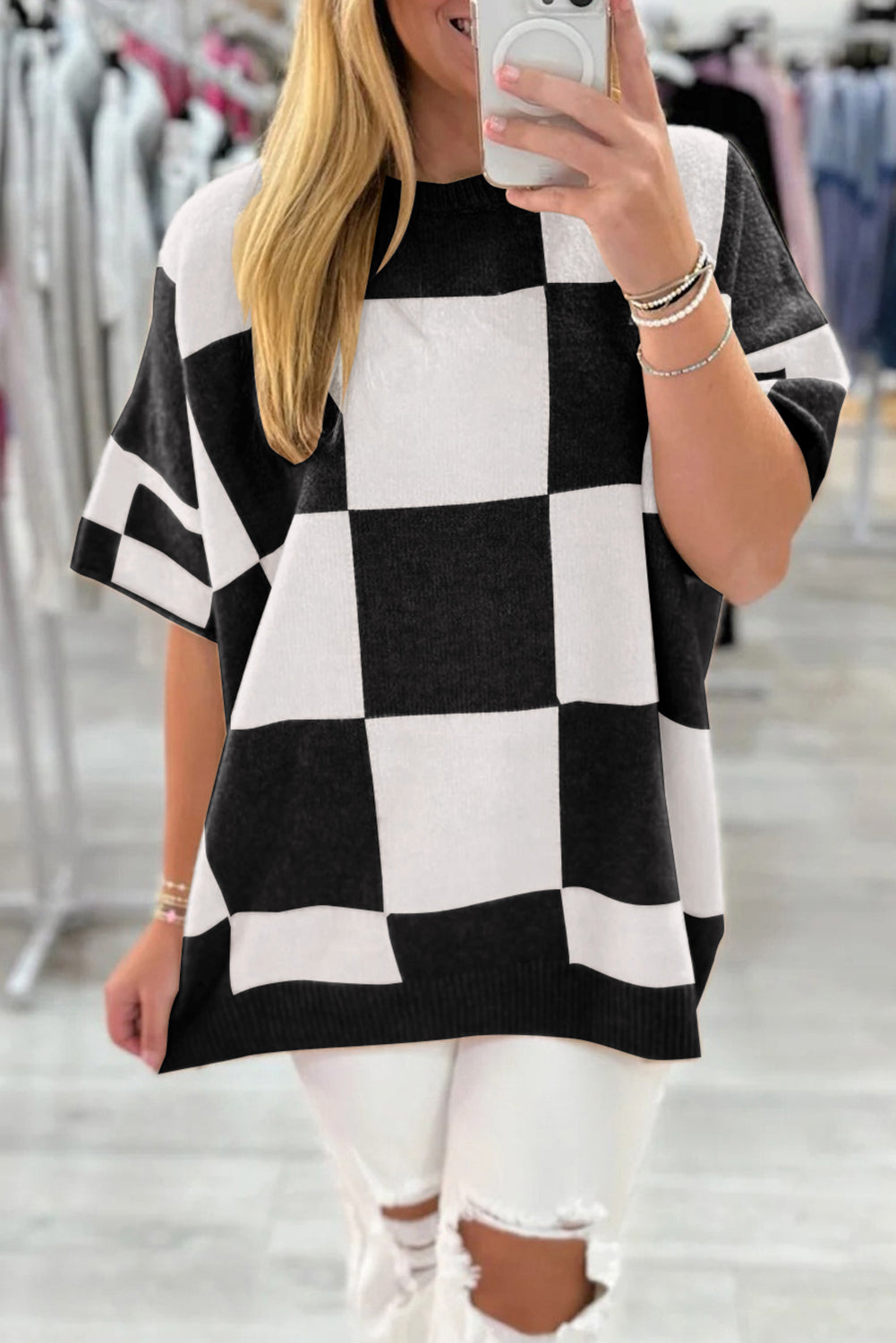 Black Checkered Drop-Shoulder Sweater