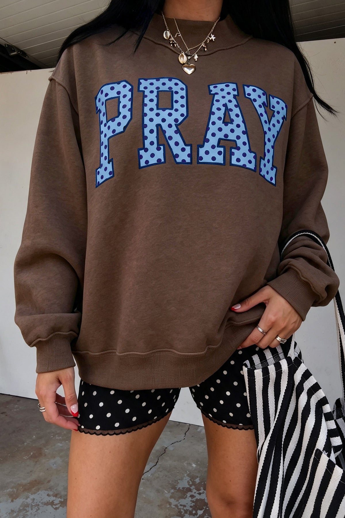 Polka dot embroidered mock neck sweatshirt by Dear-Lover with coffee PRAY design, casual top, long sleeves, soft fabric.