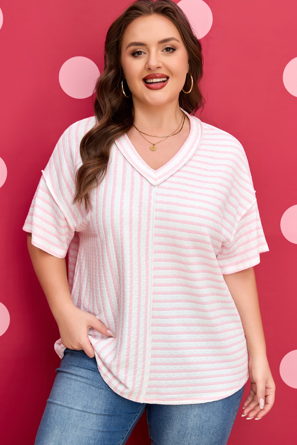 Pink Stripe Plus Size V Neck Exposed Seam Patchwork T Shirt