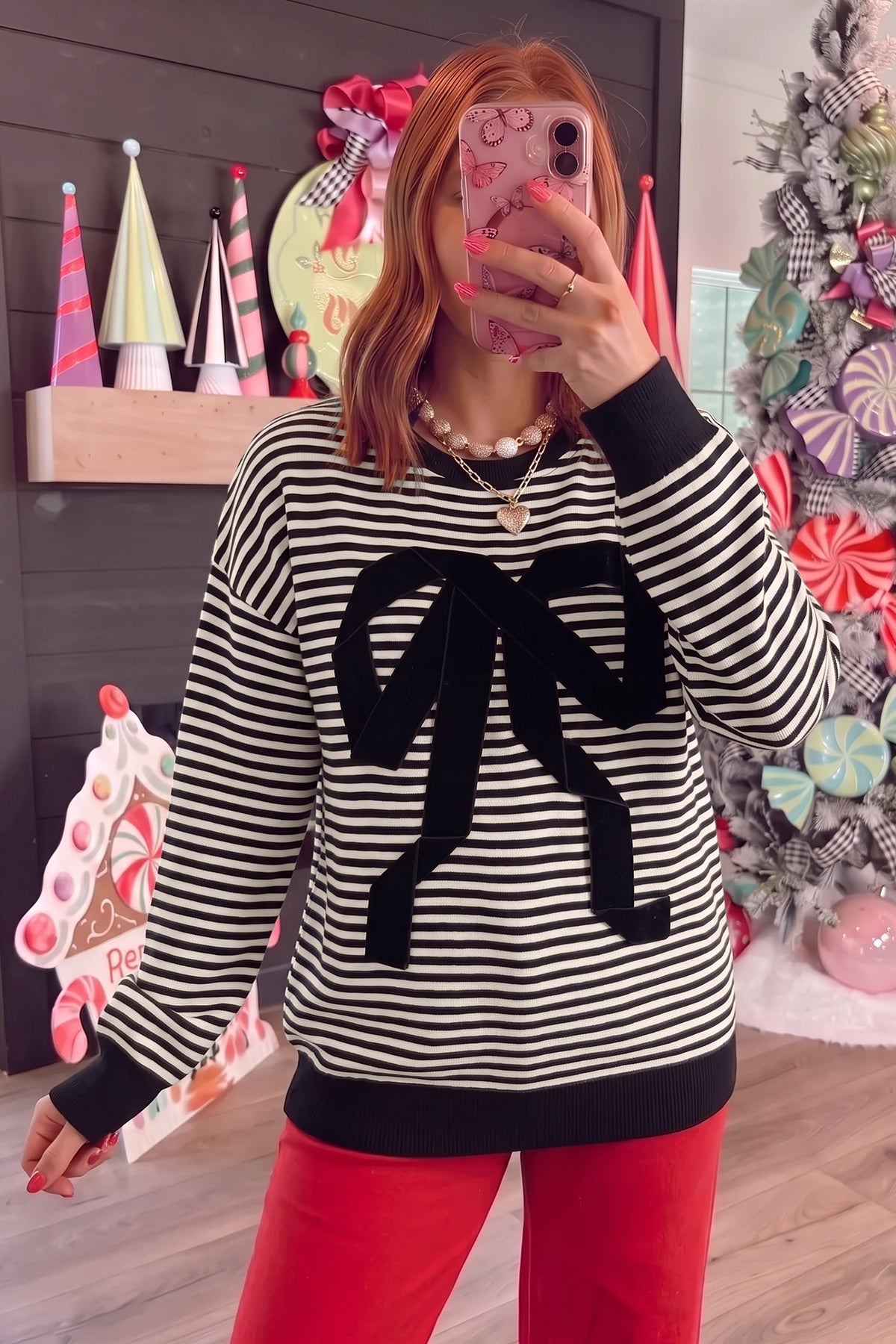 Black Stripe Velvet Bow Drop-Shoulder Relaxed Sweatshirt