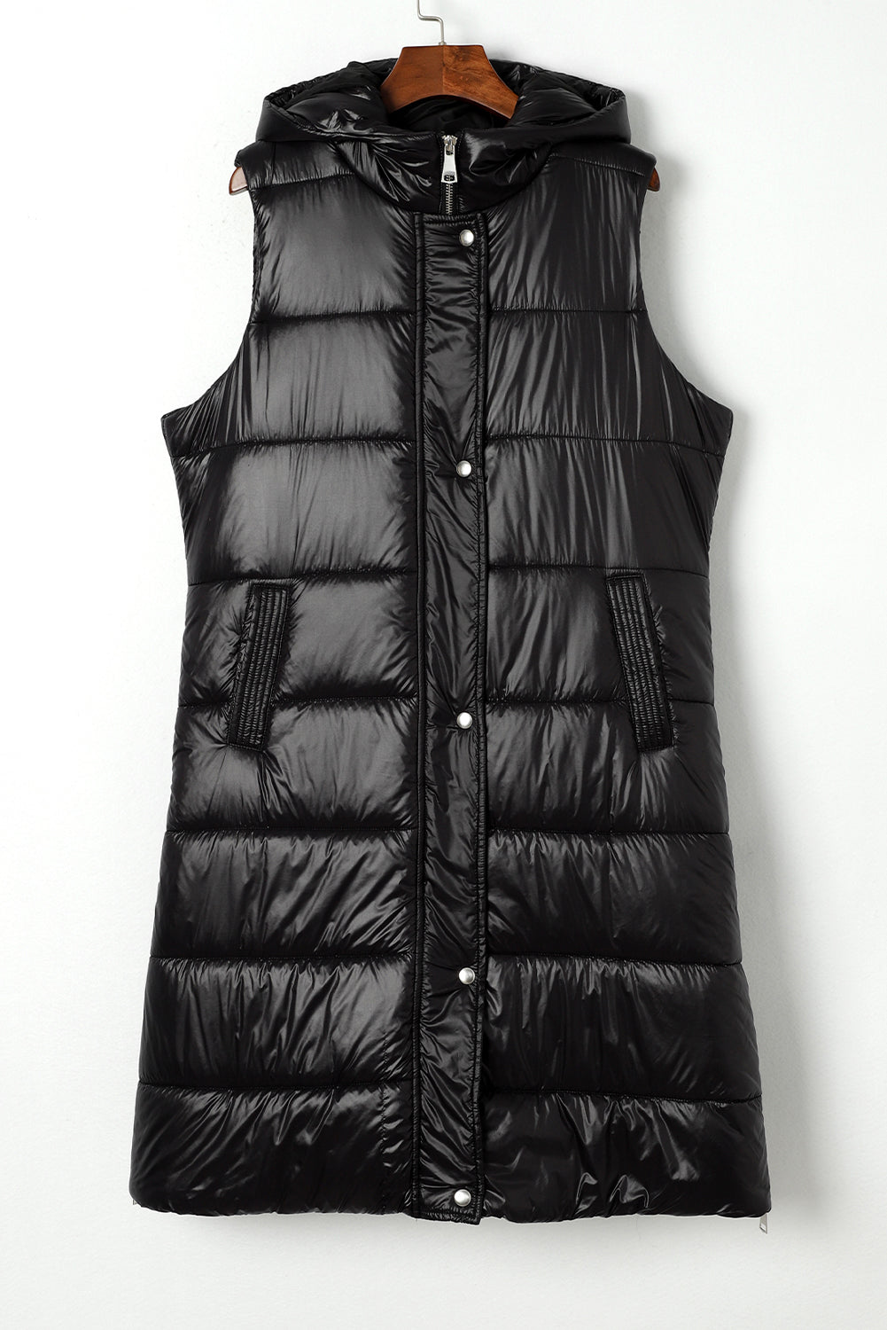 Black hooded long quilted vest coat by Dear-Lover, stylish winter outerwear with a hood and quilted design.