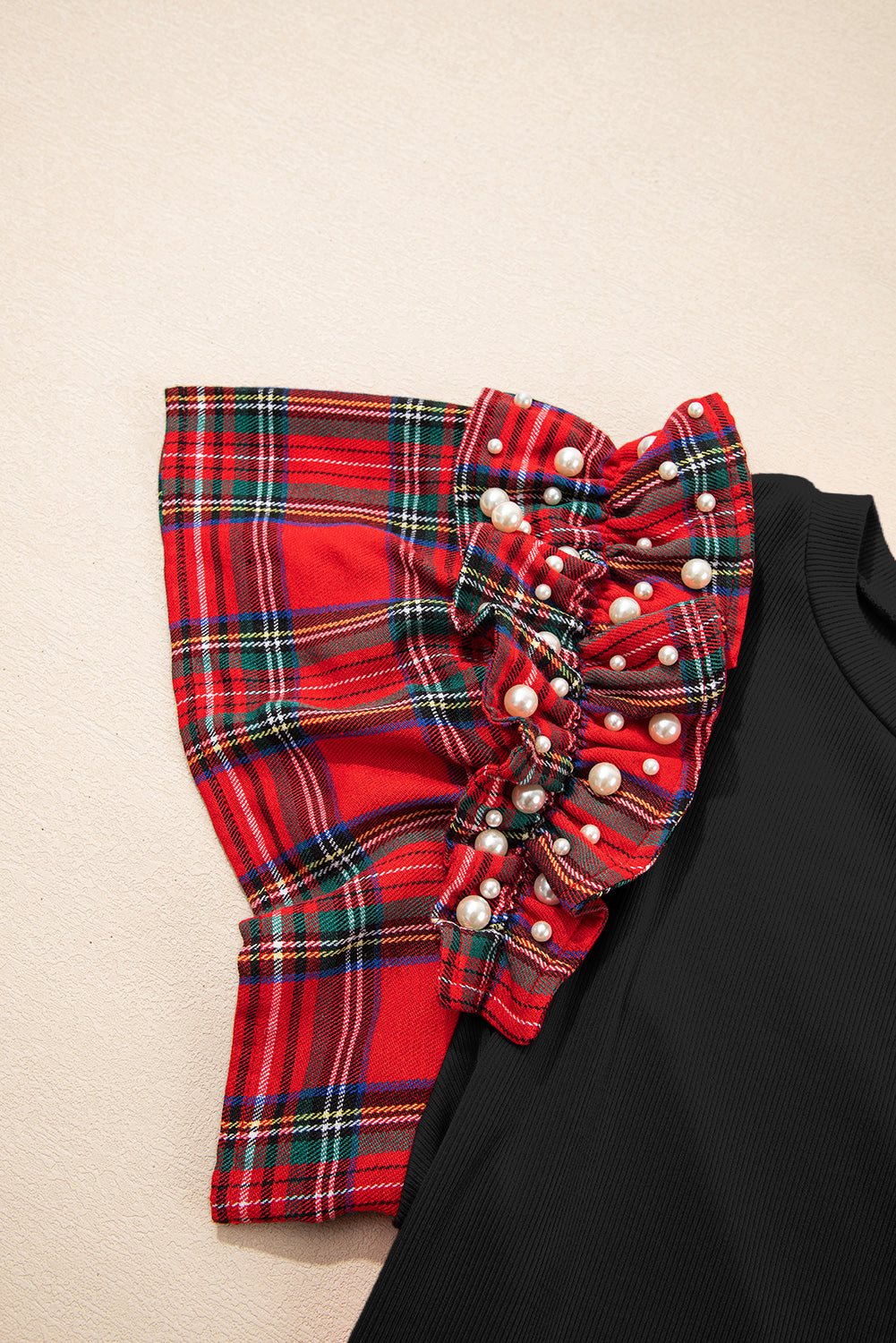 Plaid Pearl Ruffle Short Sleeve Shirt
