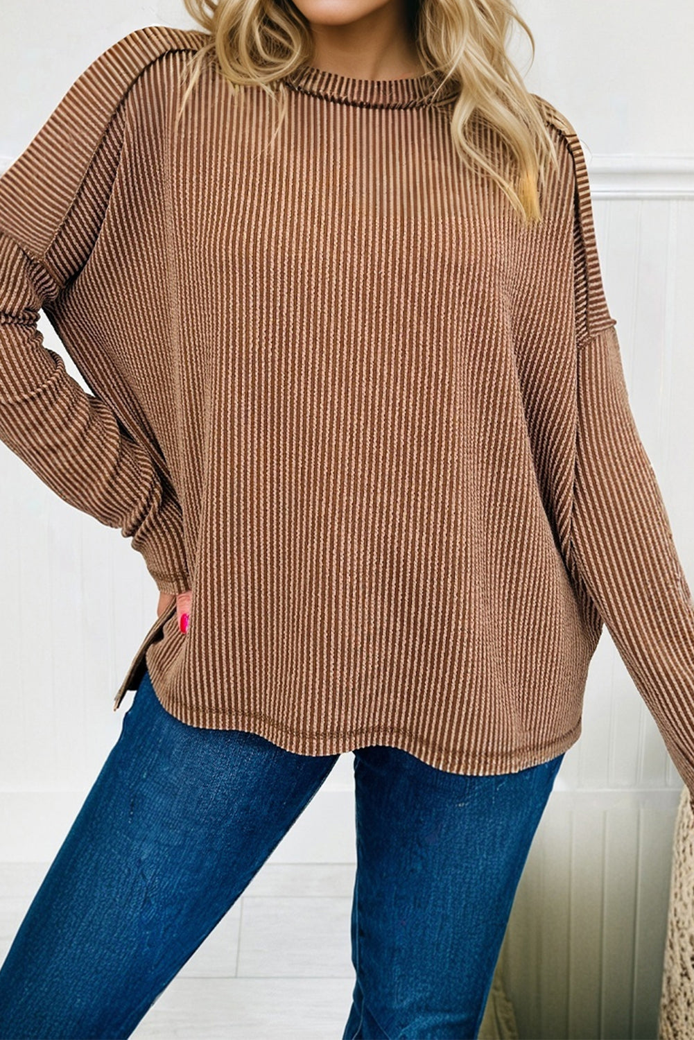 Parchment Twist Ribbed Exposed Seam Detail Long Sleeve Loose Top