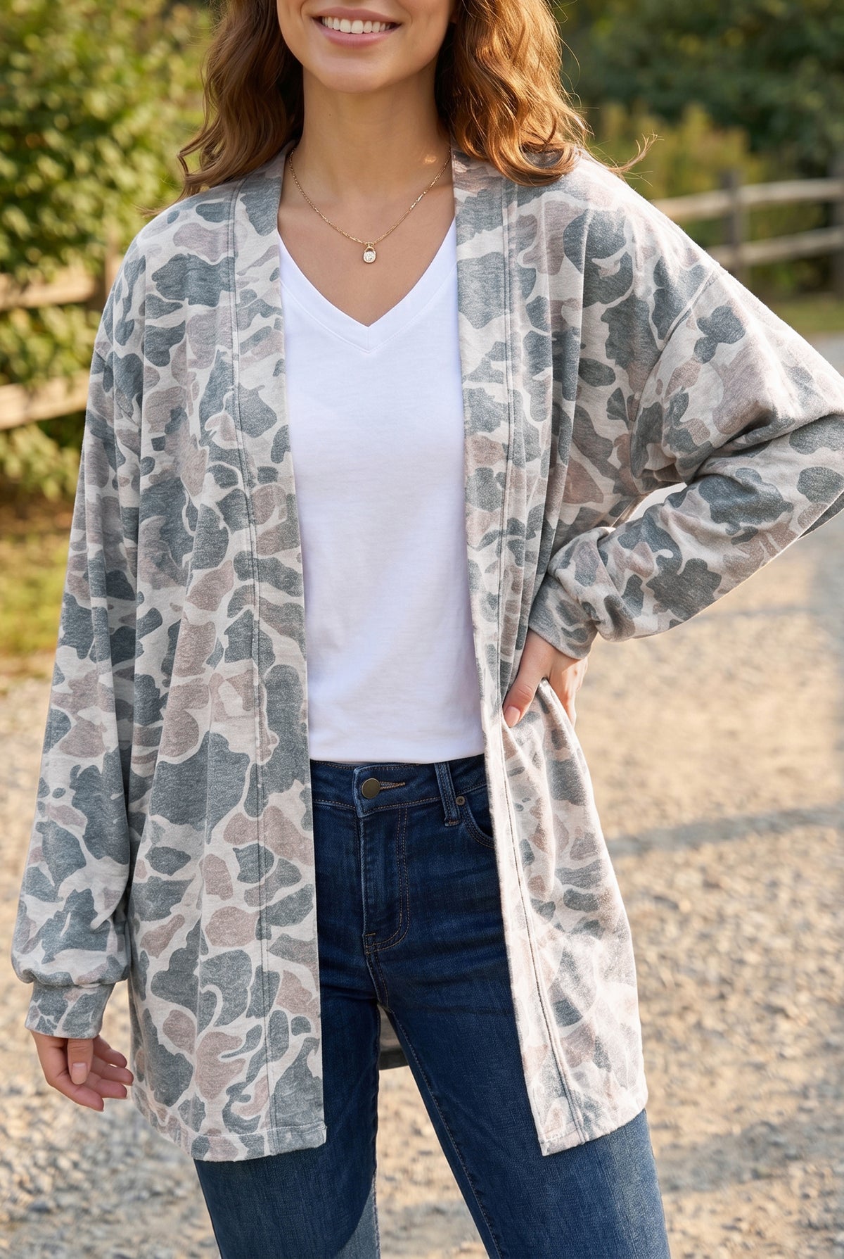 Multicolour Camouflage Open-Front Cardigan