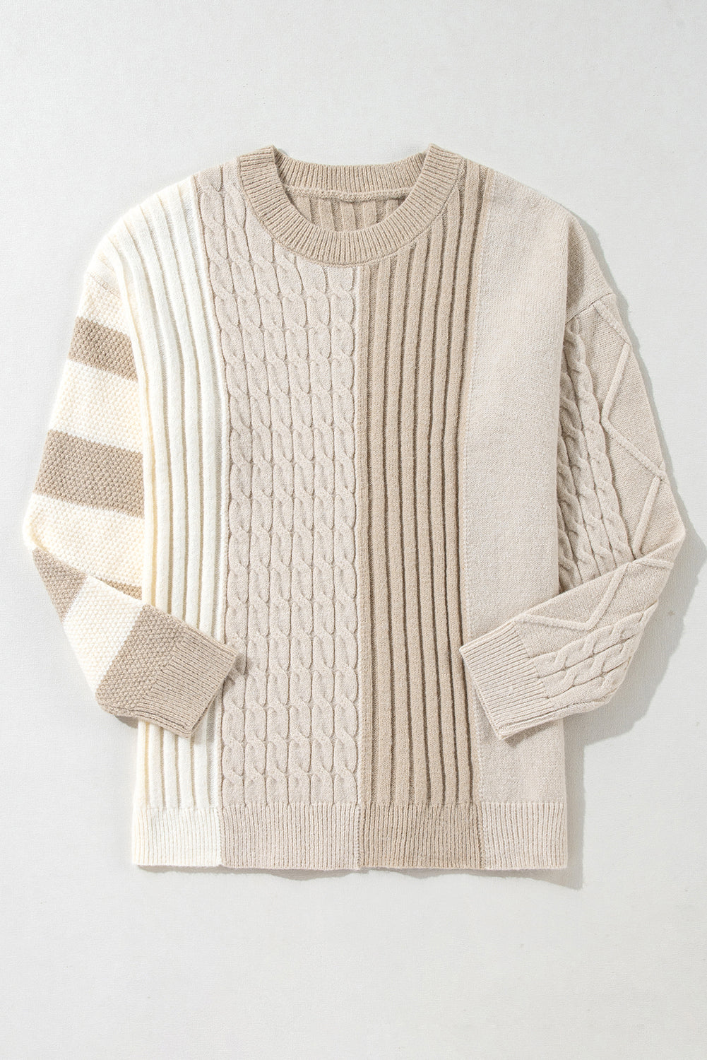Khaki cable knit colorblock crew neck sweater with drop shoulder design by Dear-Lover, showing the textured knit and color contrast.