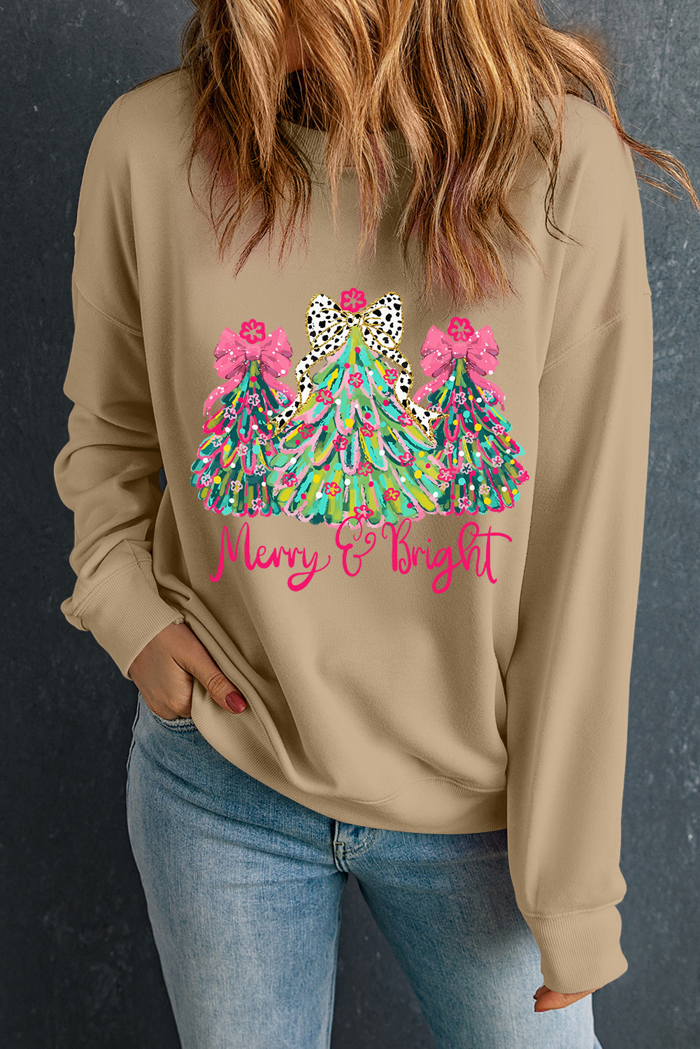 Khaki Merry & Bright Christmas Tree Sweatshirt