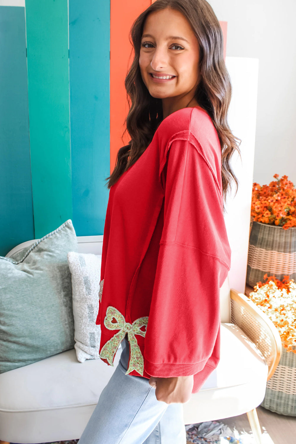 Fiery Red Floral Bow Sweatshirt