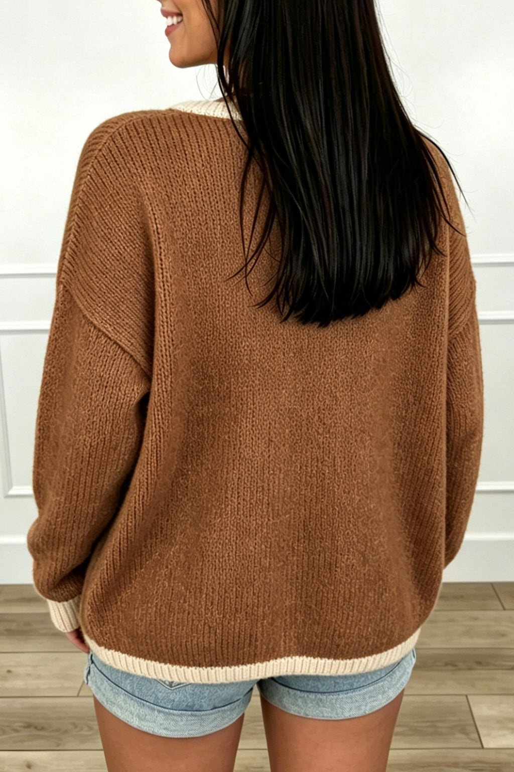 Light beige V-neck cardigan with chestnut contrast trim, tie-front design, and loose fit from Dear-Lover Sweaters & Cardigans collection.