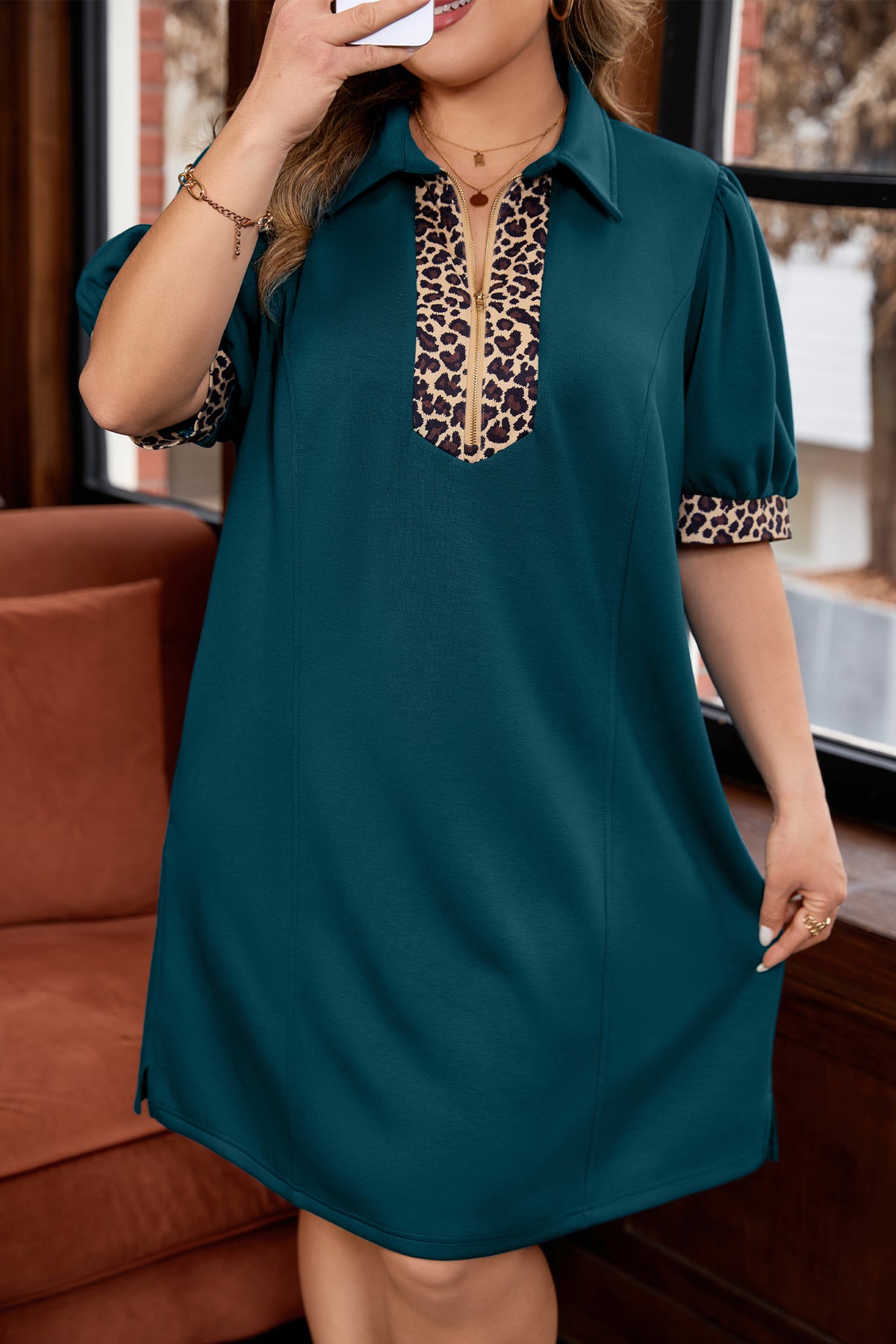 Sea Green Leopard Patchwork Detail Quarter Zip Collared Plus Size Mini Dress