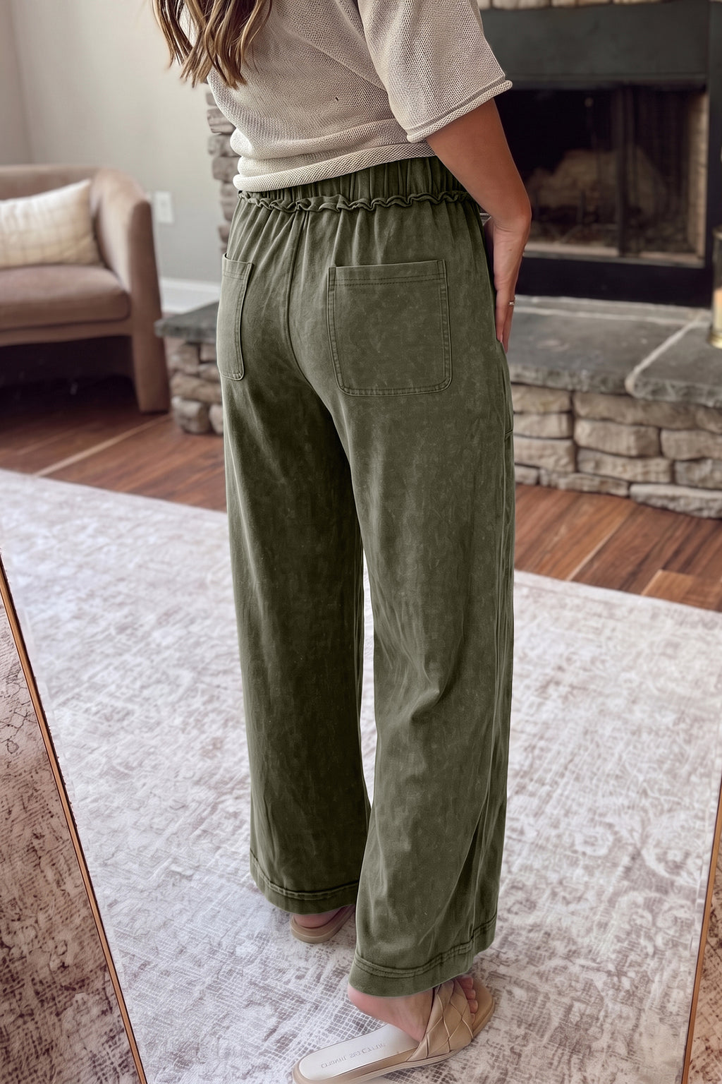 Jungle green cotton flare pants with seam details and drawstring waist from Dear-Lover, featuring mineral wash and casual style.