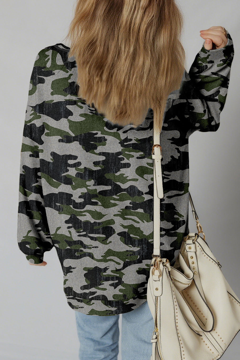 Brown Retro Camouflage Print Exposed Seam Patchwork Drop Shoulder Sweatshirt
