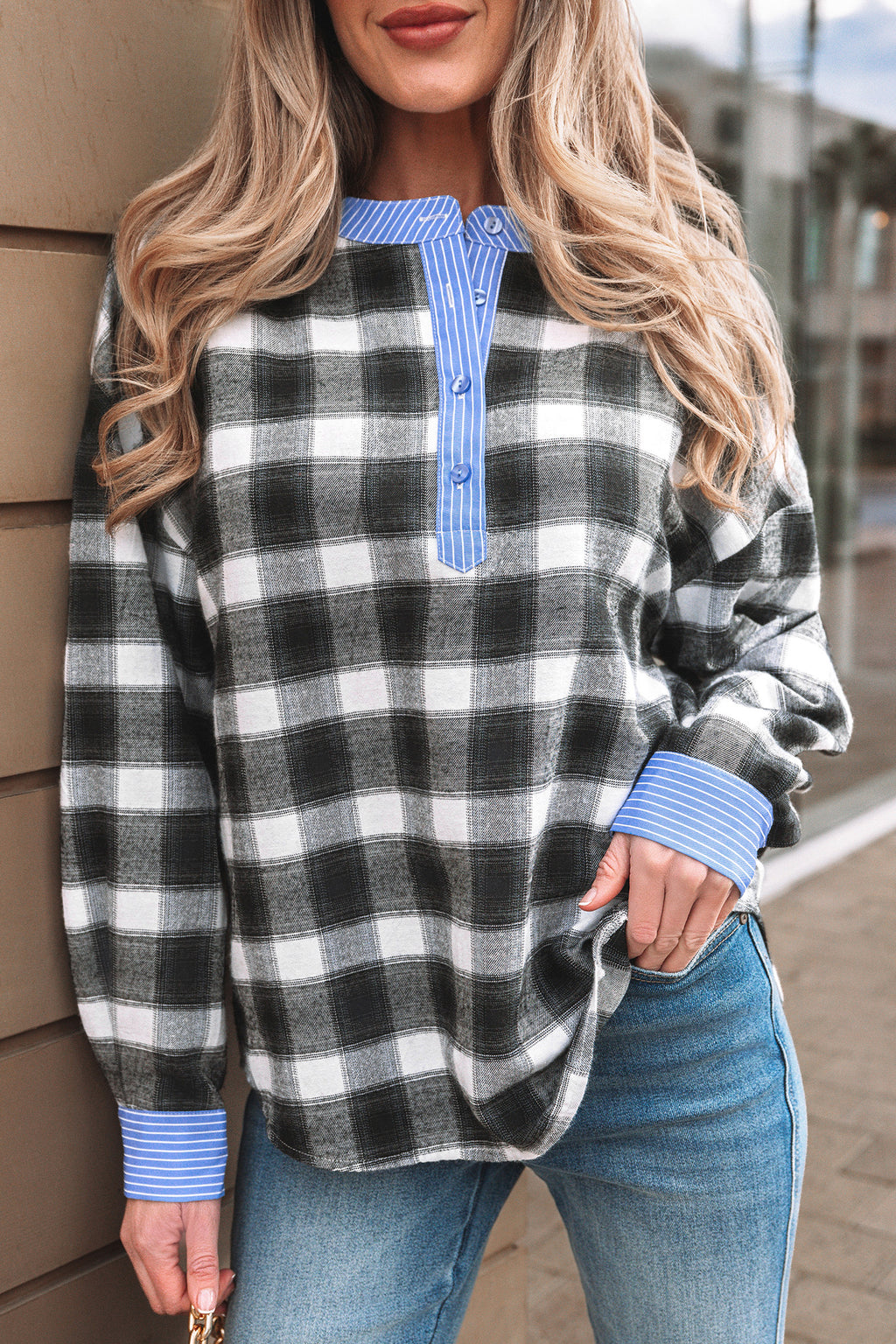 Black Contrast Striped Edge Half Placket Plaid Blouse