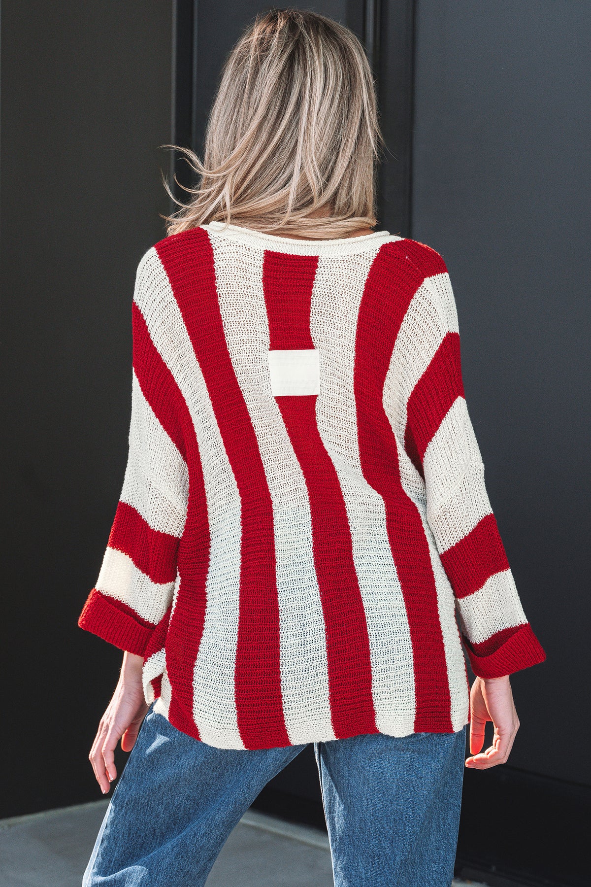 Brown Stripe Colorblock V Neck Bracelet Sleeve Sweater