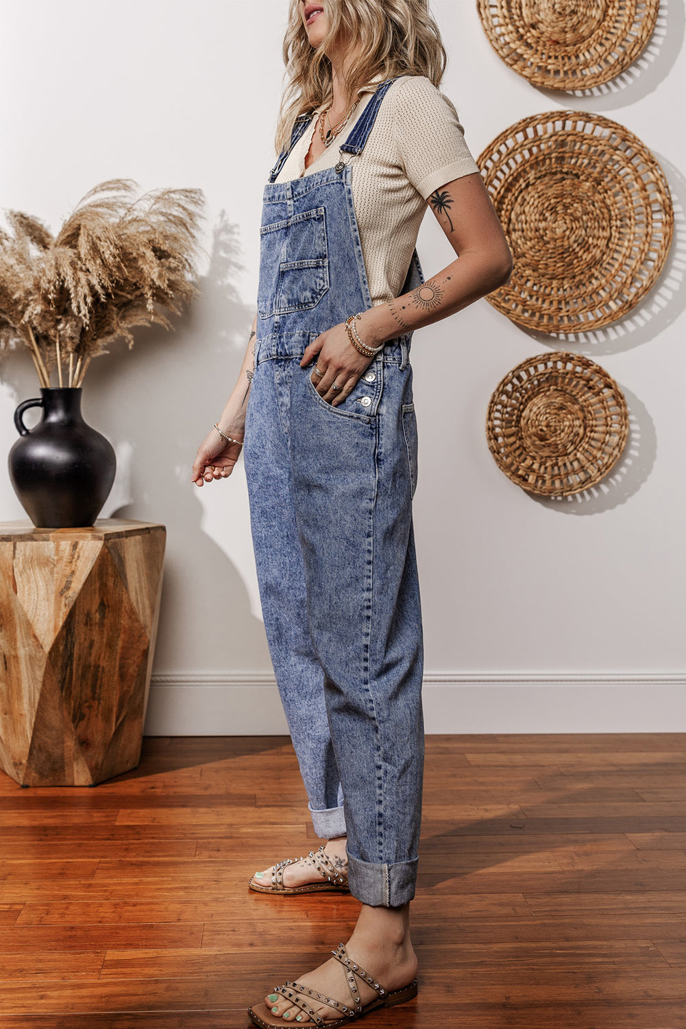 Sail blue denim bib jumpsuit with straight leg fit and pockets, from Dear-Lover, featuring a casual, stylish design.