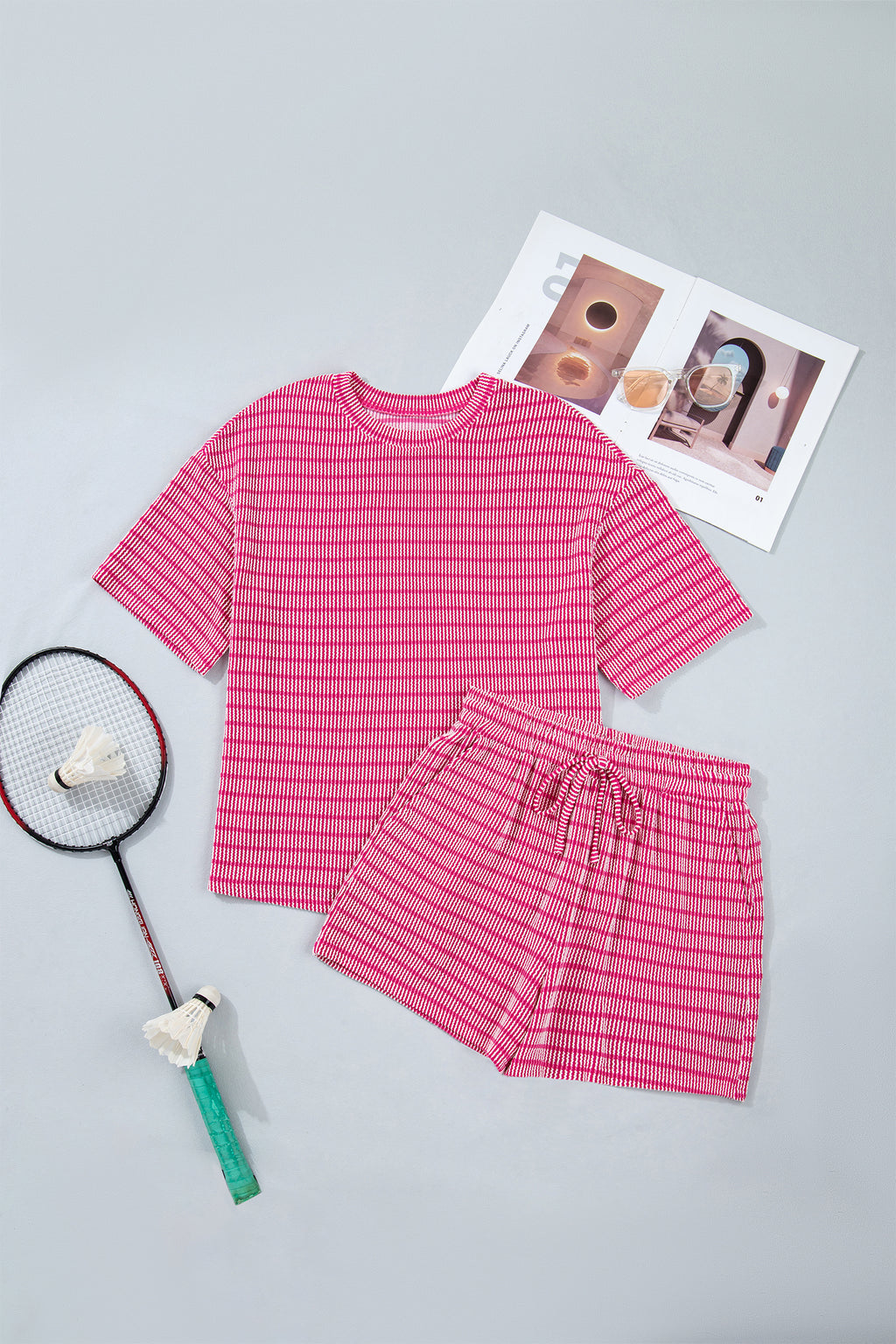Sky blue stripe loose fit short set with drawstring elastic waist, includes a relaxed ribbed tee and matching shorts by Dear-Lover.