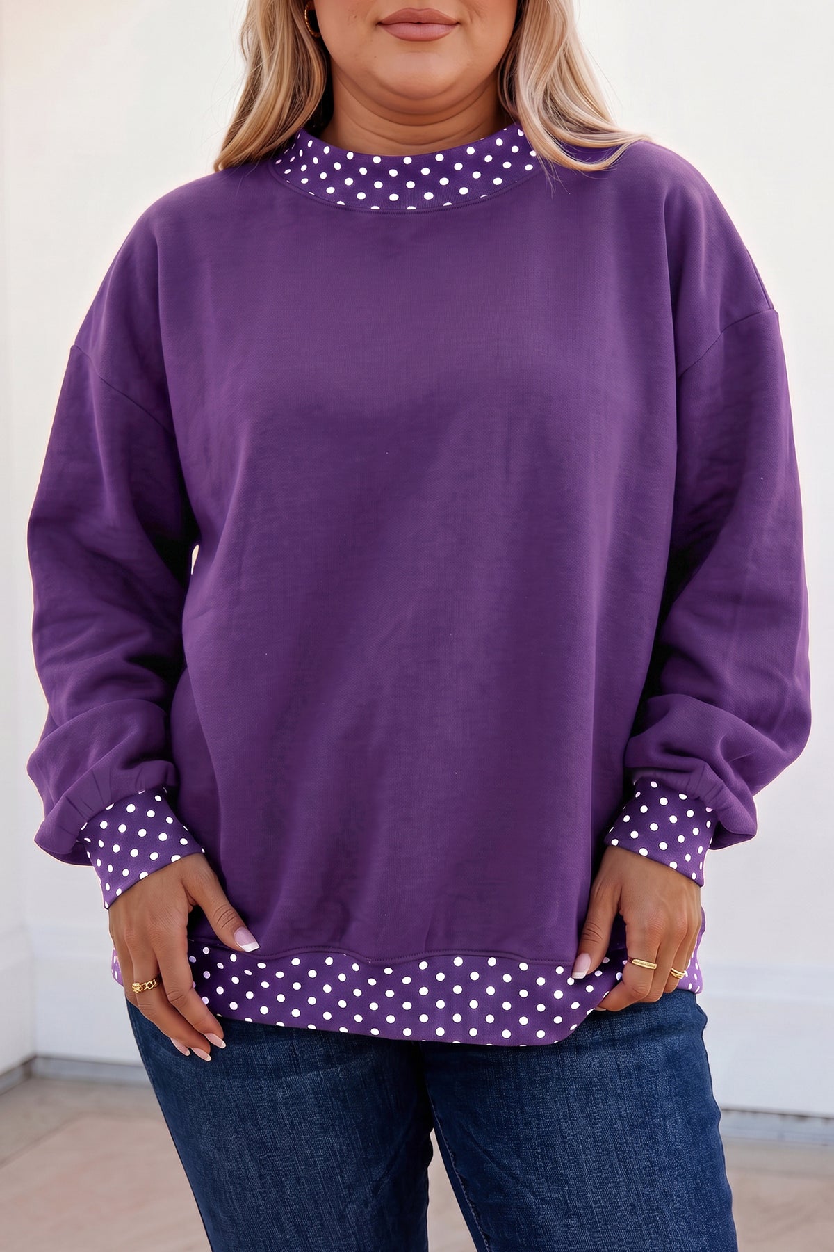 Burgundy polka dot patchwork plus size sweatshirt with round neck from Dear-Lover, featuring a cozy, casual design.