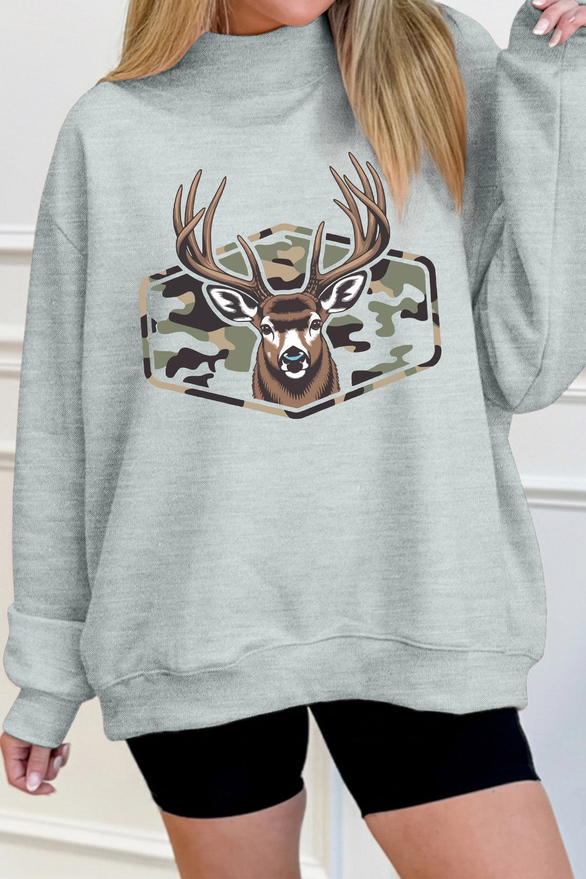 Gray oversized camouflage reindeer print graphic sweatshirt by Dear-Lover, featuring a mock neck and casual, comfortable fit.