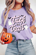 Orchid Petal Halloween Trick or Treat Slogan Graphic Round Neck T-Shirt