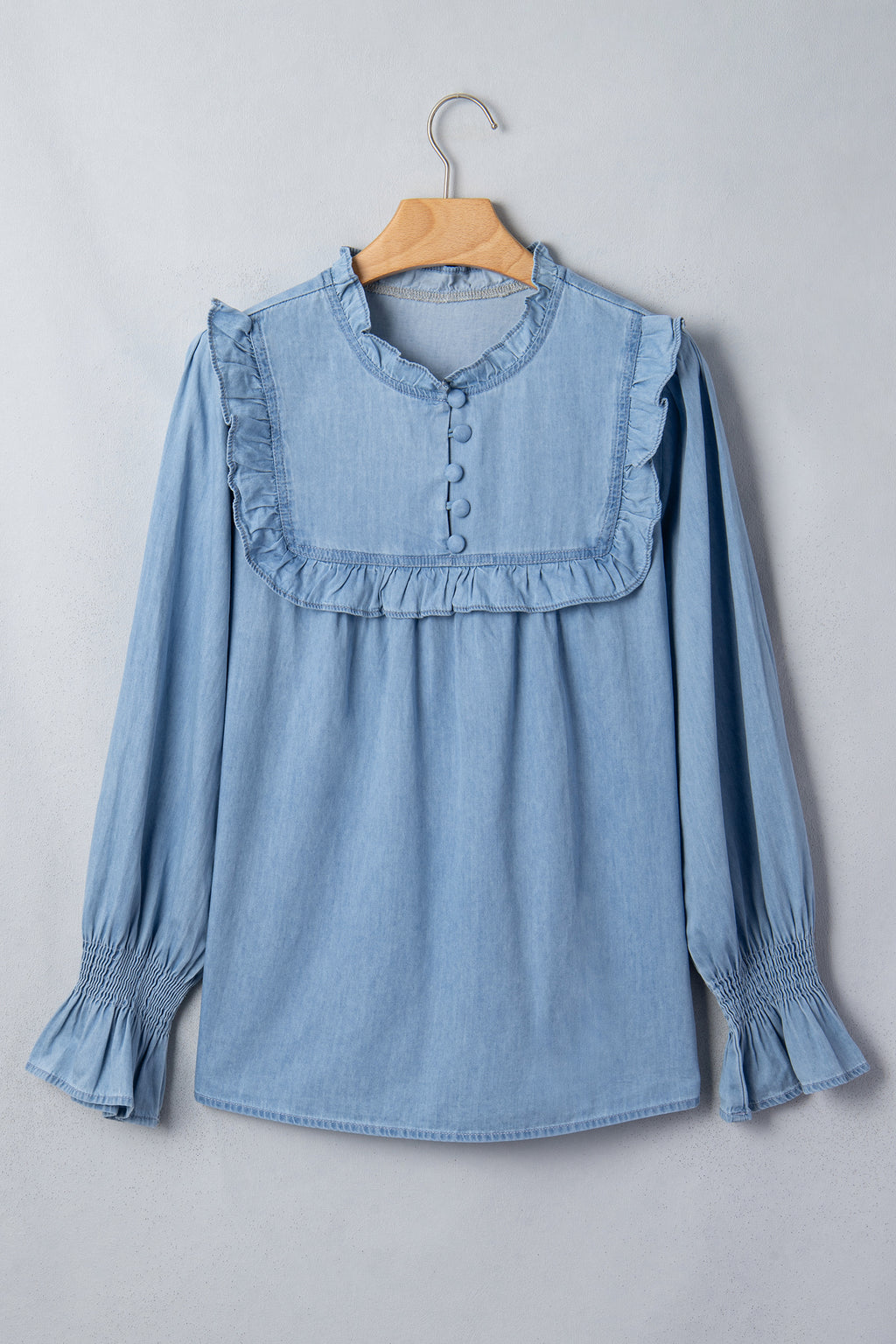 Beau Blue Western Ruffle V-Neck Long-Sleeve Chambray Blouse