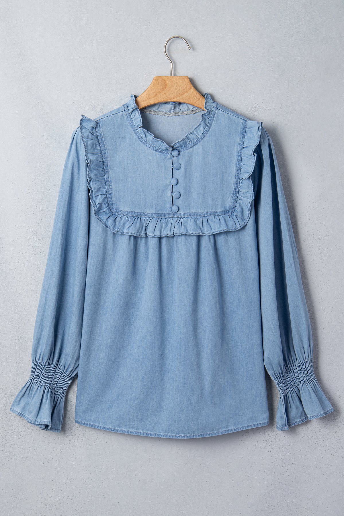 Beau Blue Western Ruffle V-Neck Long-Sleeve Chambray Blouse