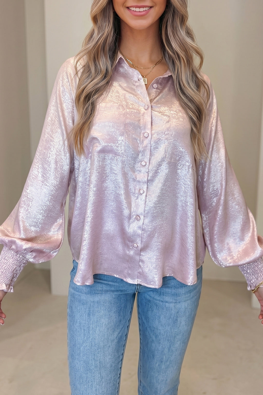 Delicacy Long-Sleeve Button-Front Ruffle Cuffs Back Paneling Shirt