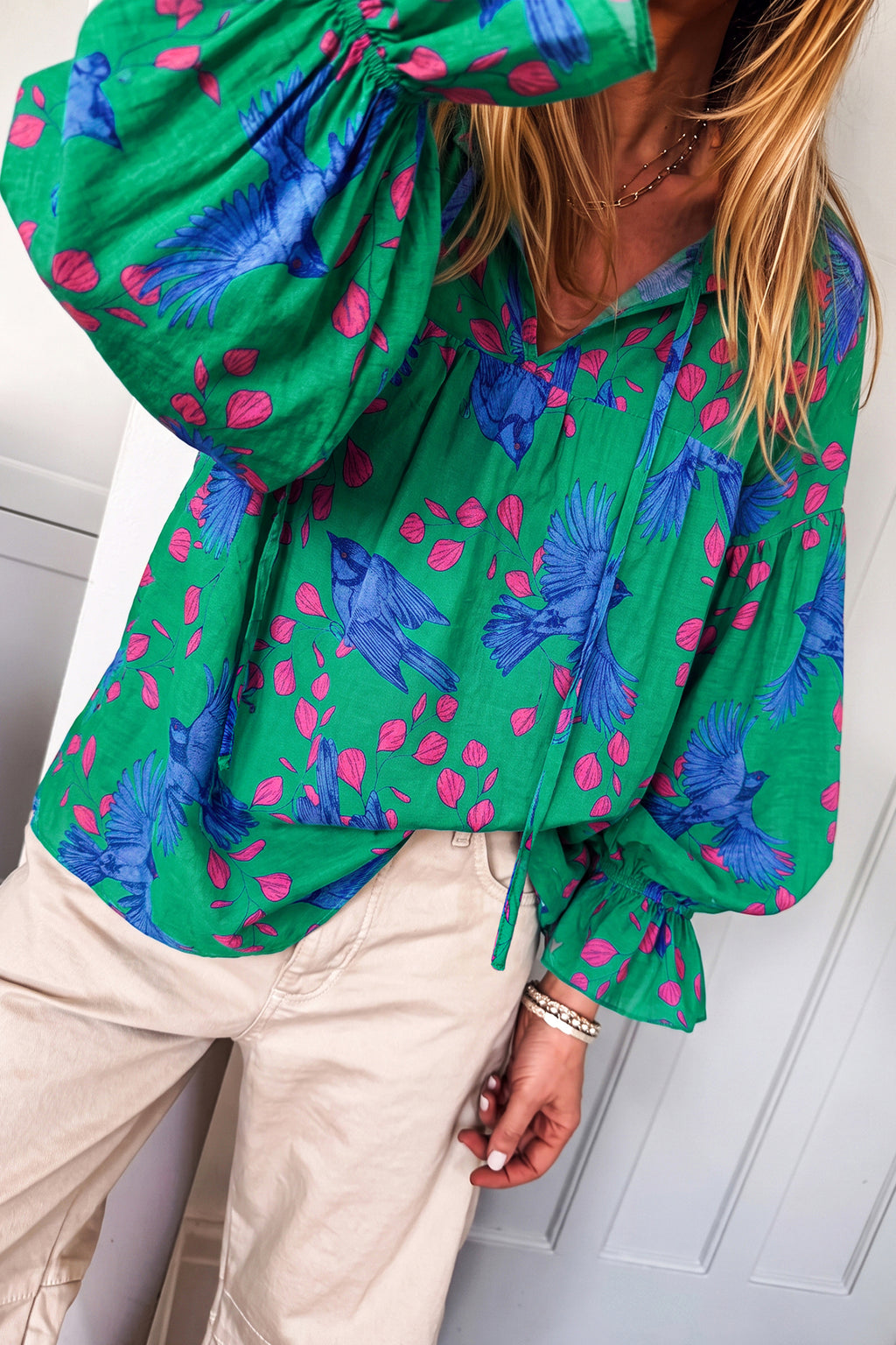 Green Abstract V-Neck Flounced Puff Sleeve Blouse