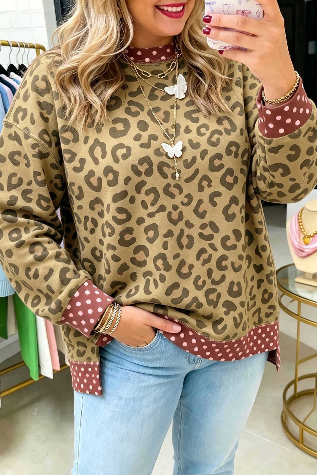 Plus size brown long sleeve top with leopard print and polka dot trim from Dear-Lover, stylish contrast design.