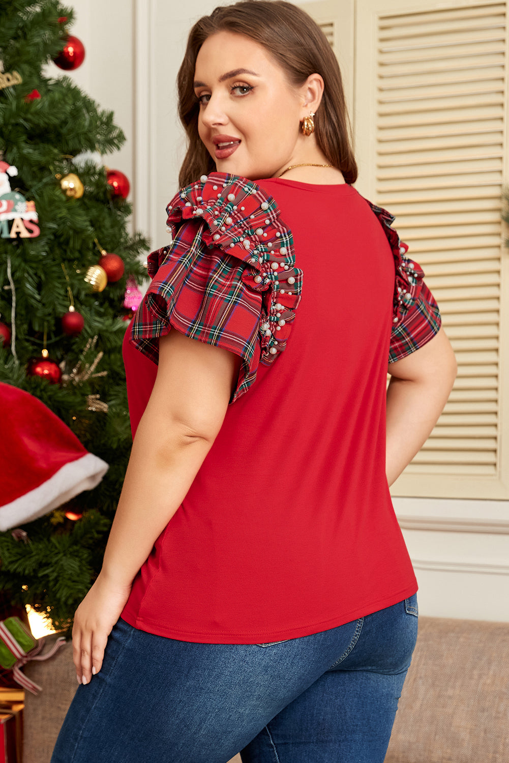 Red Plaid Pearl Short Sleeve Plus Size Shirt