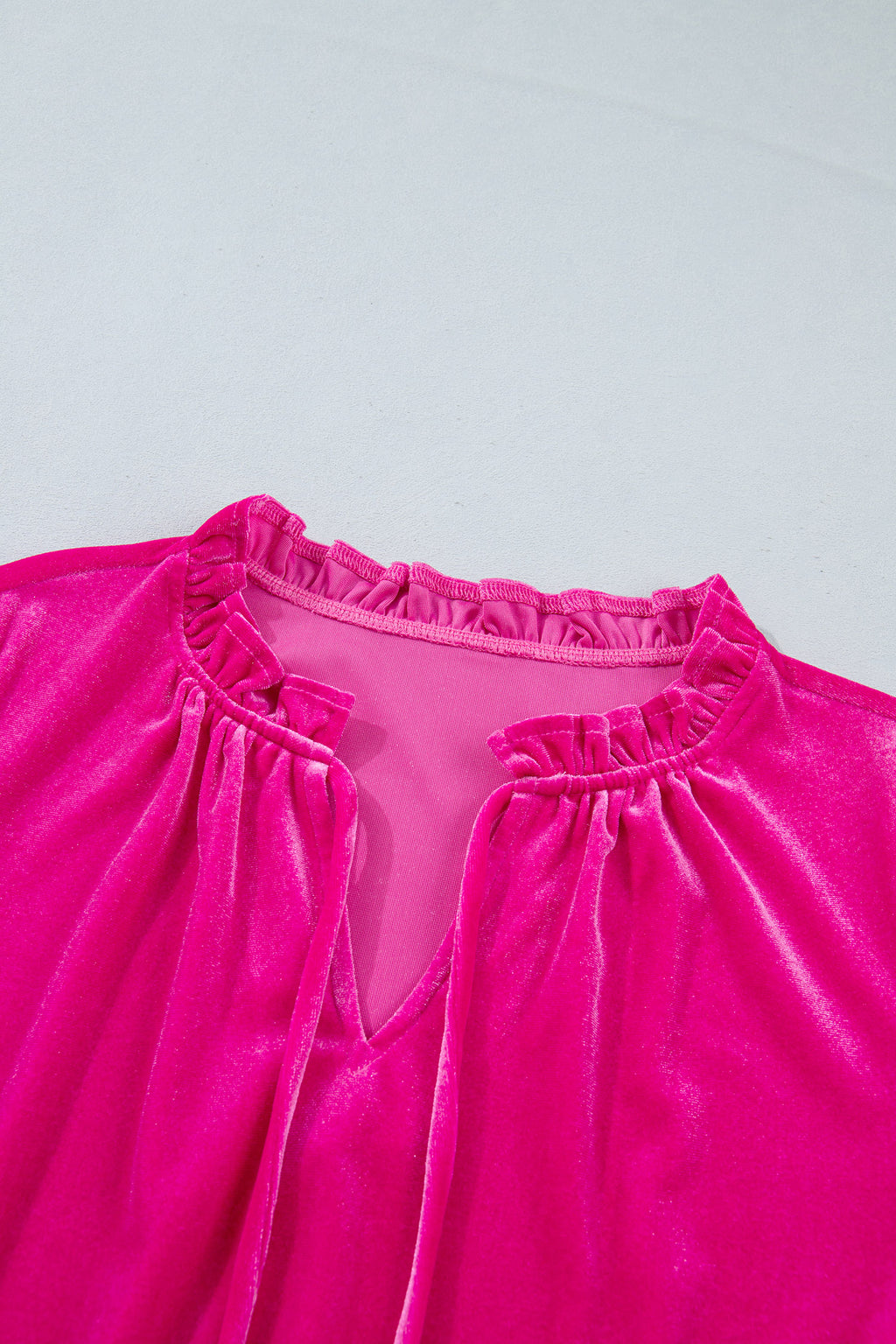 Strawberry Pink V-Neck Velvet Ruffled Cuffs Hem Long-Sleeve Top