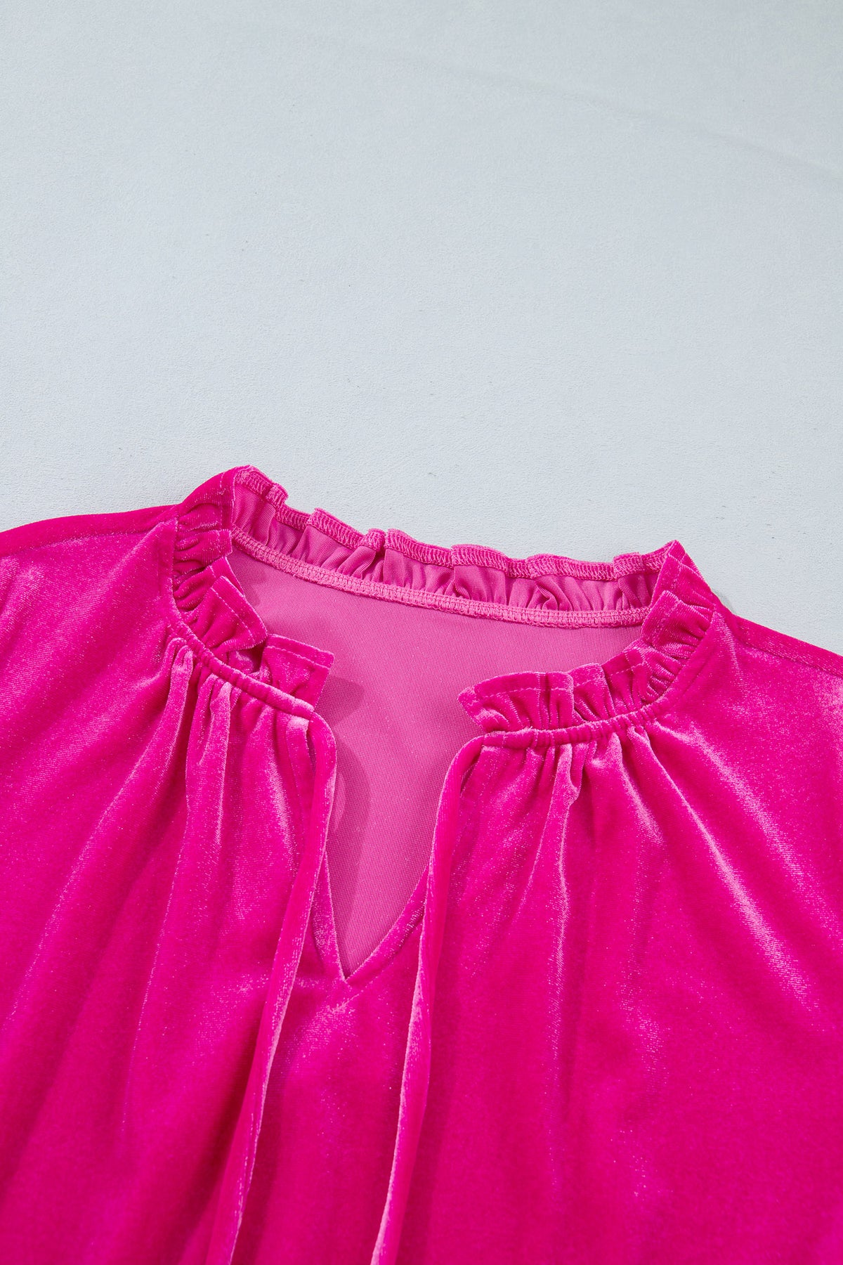 Strawberry Pink V-Neck Velvet Ruffled Cuffs Hem Long-Sleeve Top