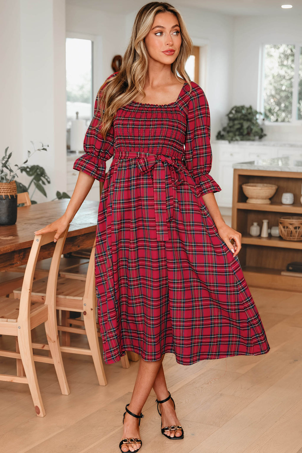 Plaid Puff Sleeve Midi Dress