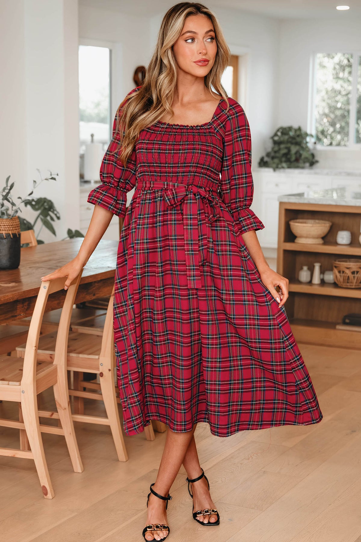 Plaid Puff Sleeve Midi Dress