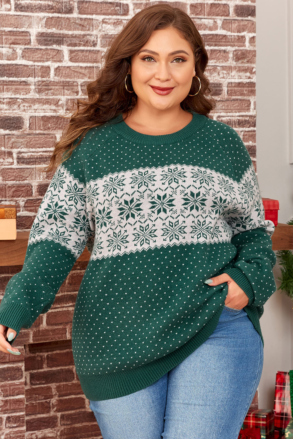 Plus Size Green Christmas Snowflake Sweater