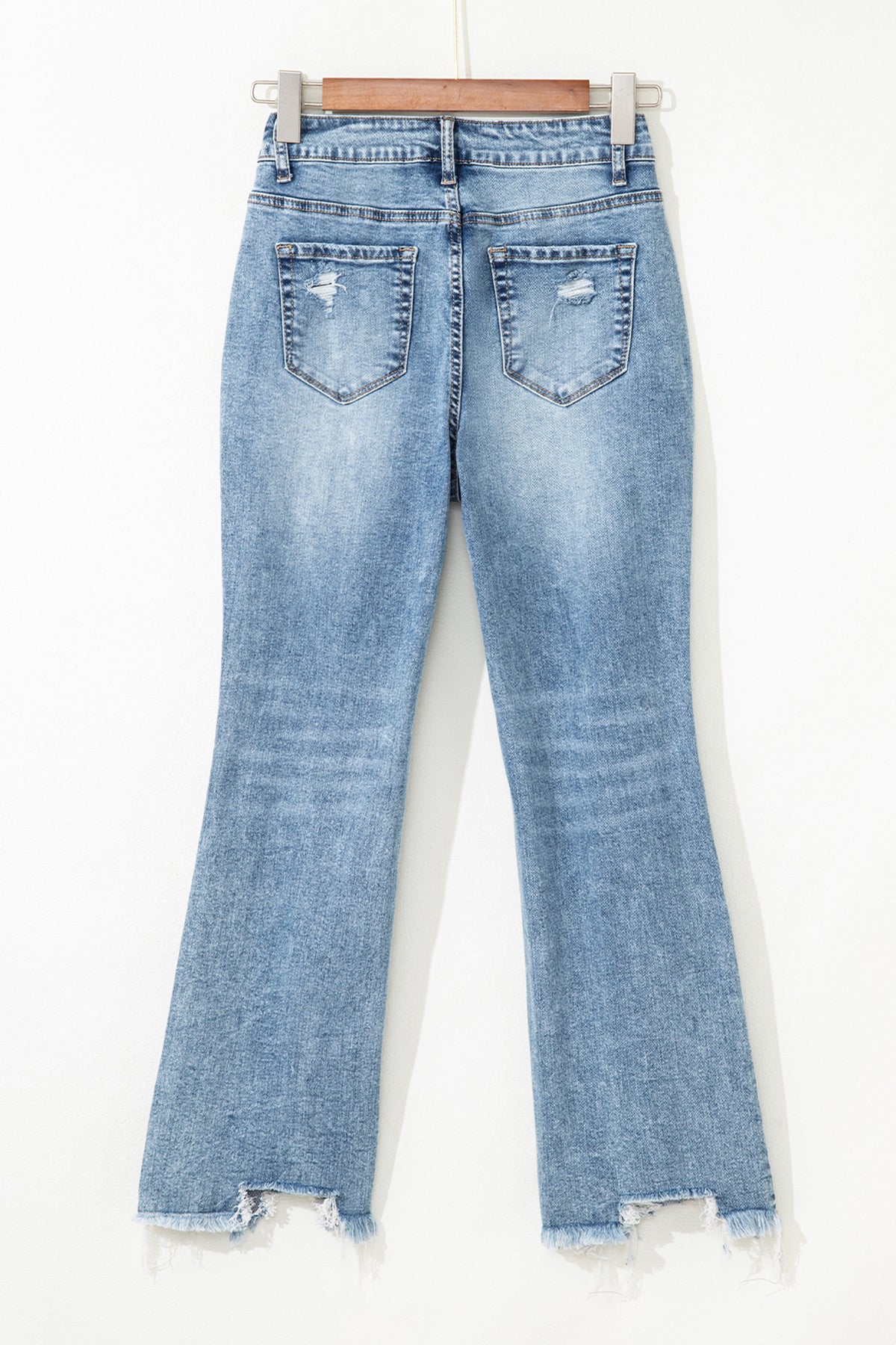 Dear-Lover Raw Hem Ripped Open Knee Fit Flare Jeans, denim bottoms with distressed details and flared leg design.