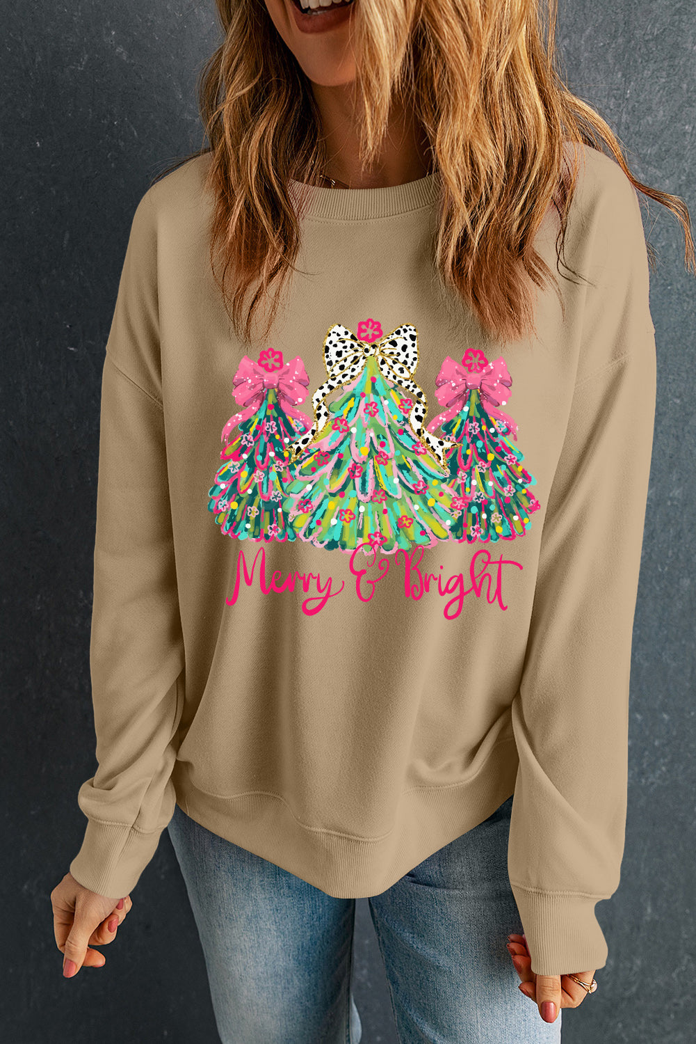 Khaki Merry & Bright Christmas Tree Sweatshirt