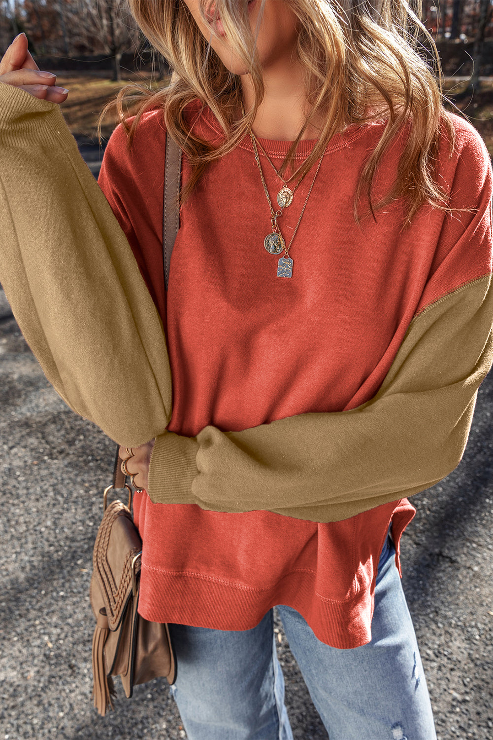 Mineral Red Two-Tone Patchwork Sweatshirt
