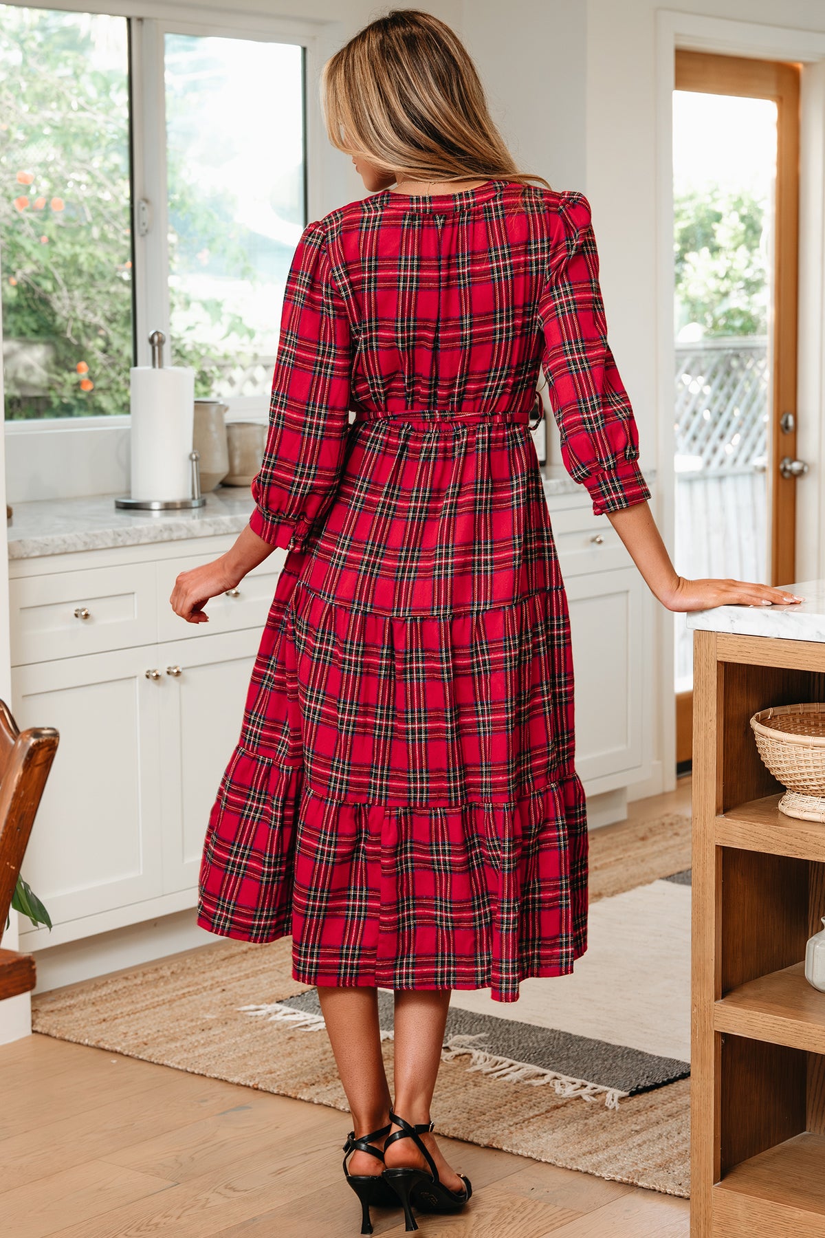 Red Christmas Plaid Tie-Waist Long Dress