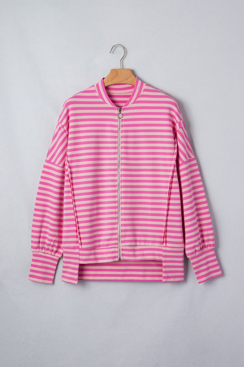Pink Stripe Zip-Up Puff Sleeve Zip Jacket Sweatshirt
