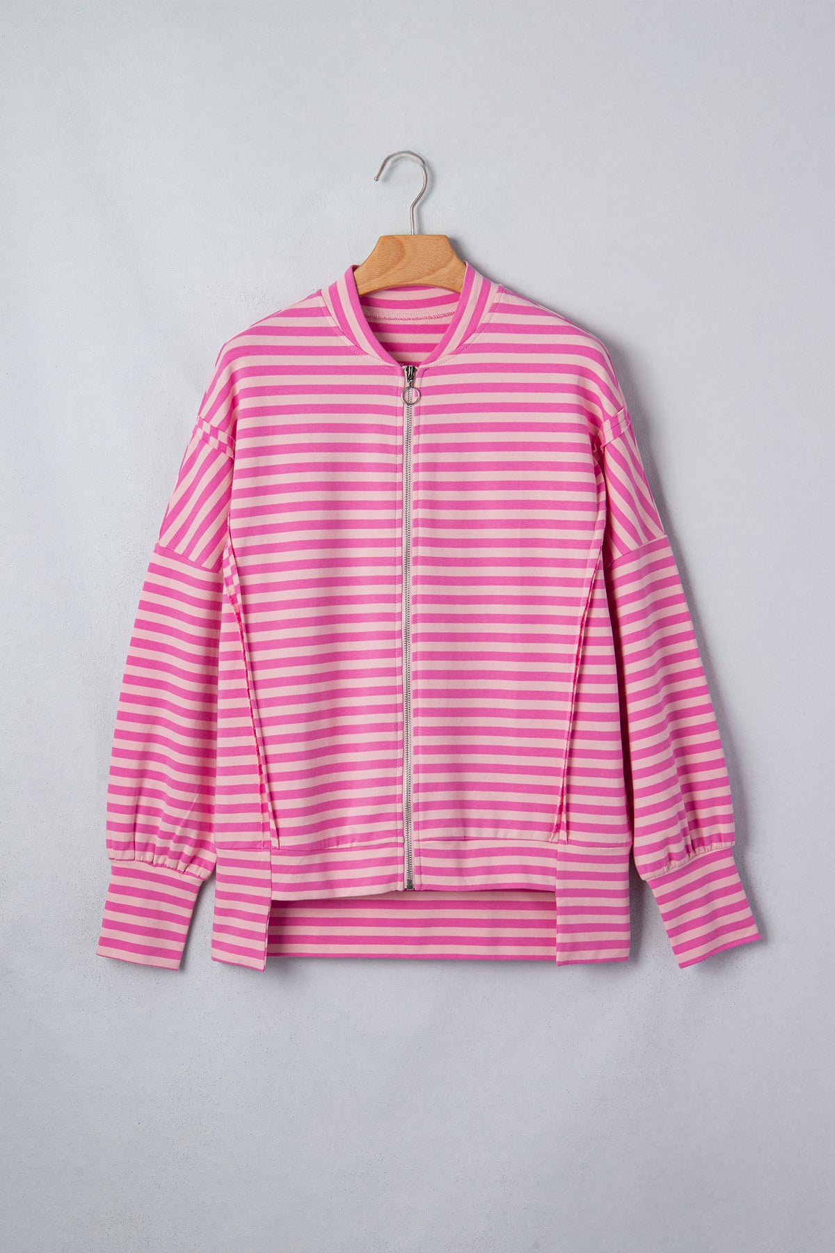 Pink Stripe Zip-Up Puff Sleeve Zip Jacket Sweatshirt