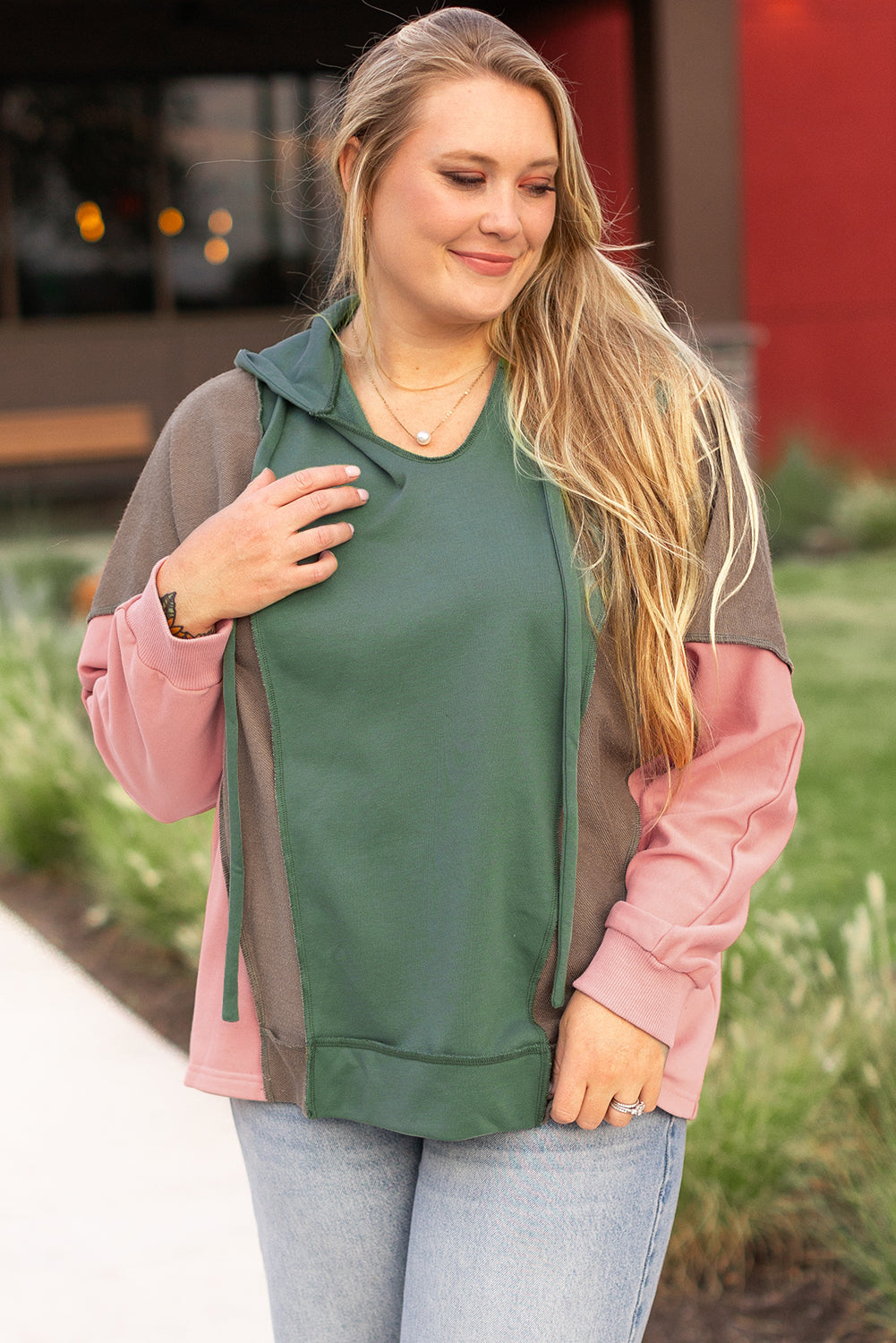 Plus size Dear-Lover colorblock patchwork V-neck hoodie with long sleeves and relaxed fit, suitable for casual wear.