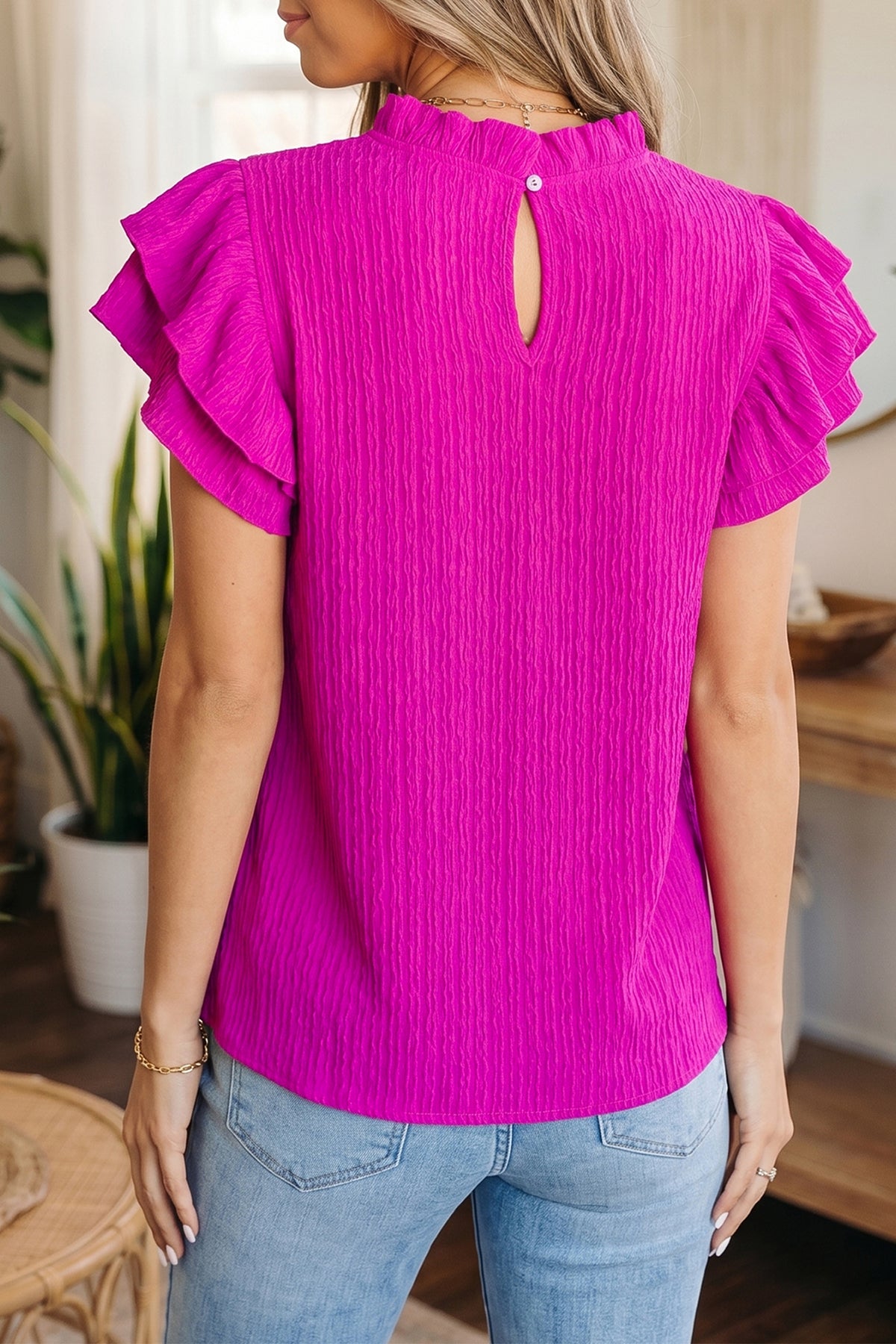 Black Textured Ruffle-Trim Blouse