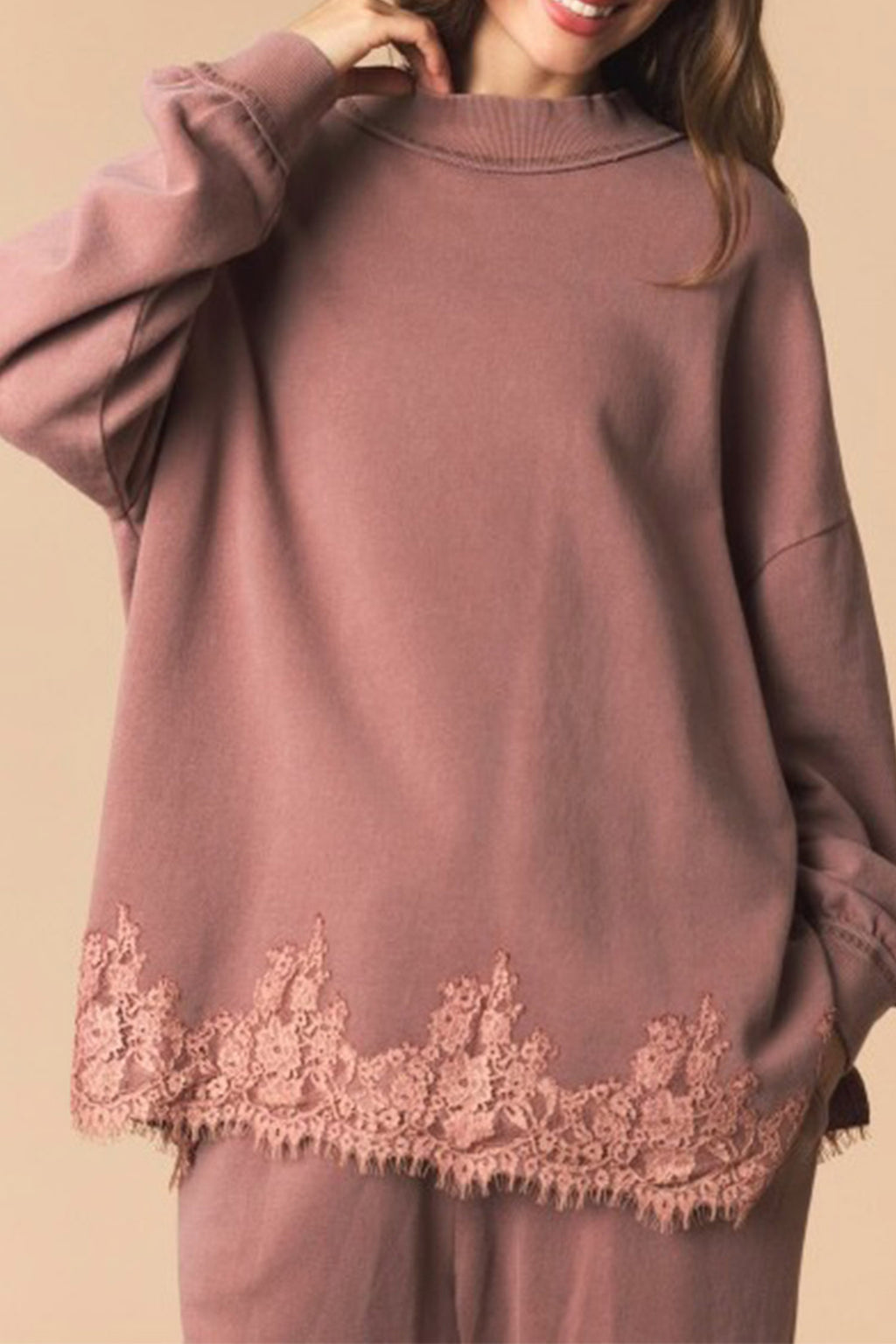 Fushia Lace-Hem Mock-Neck Sweatshirt