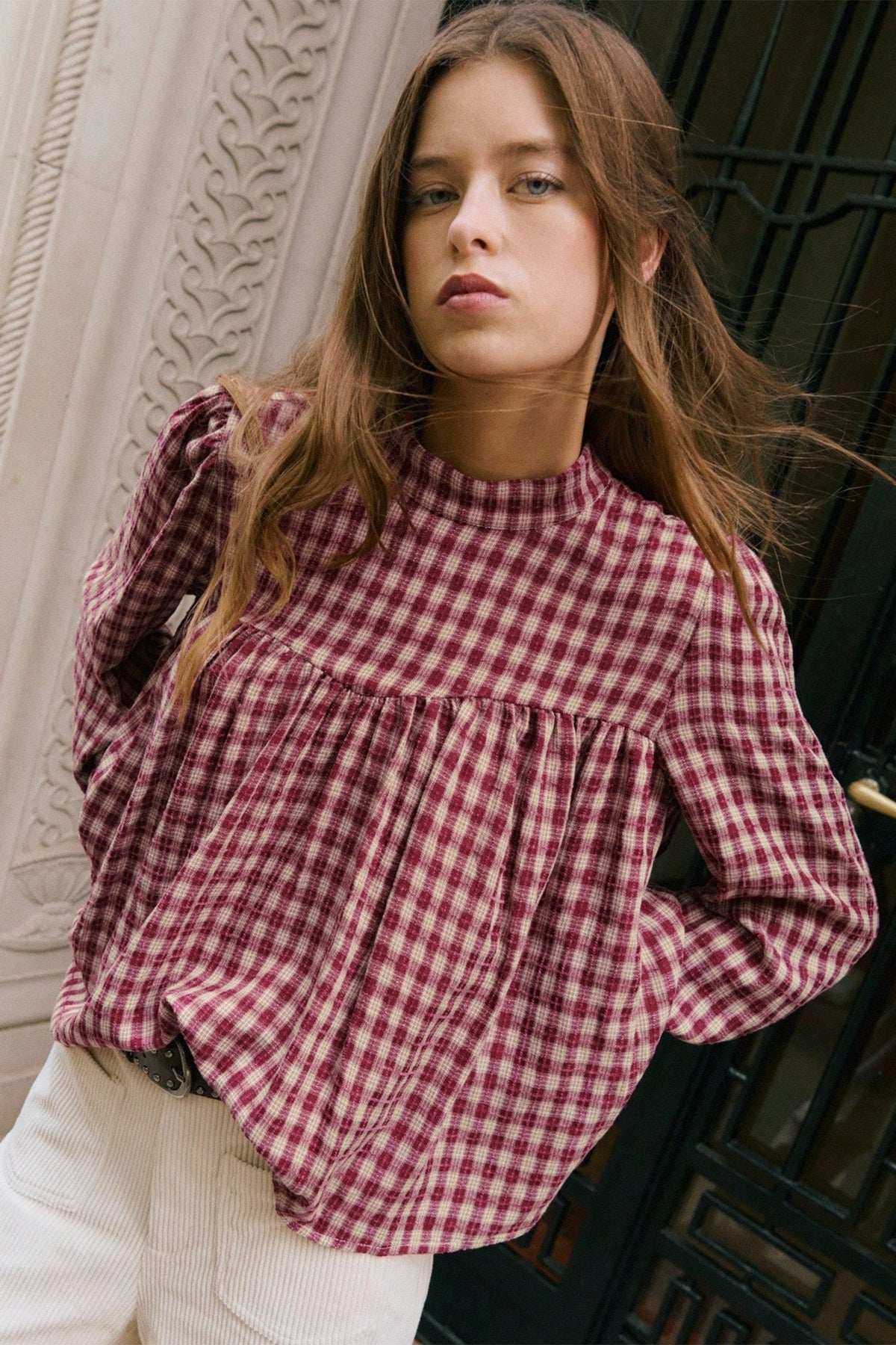 Coral Country Plaid Keyhole Blouse